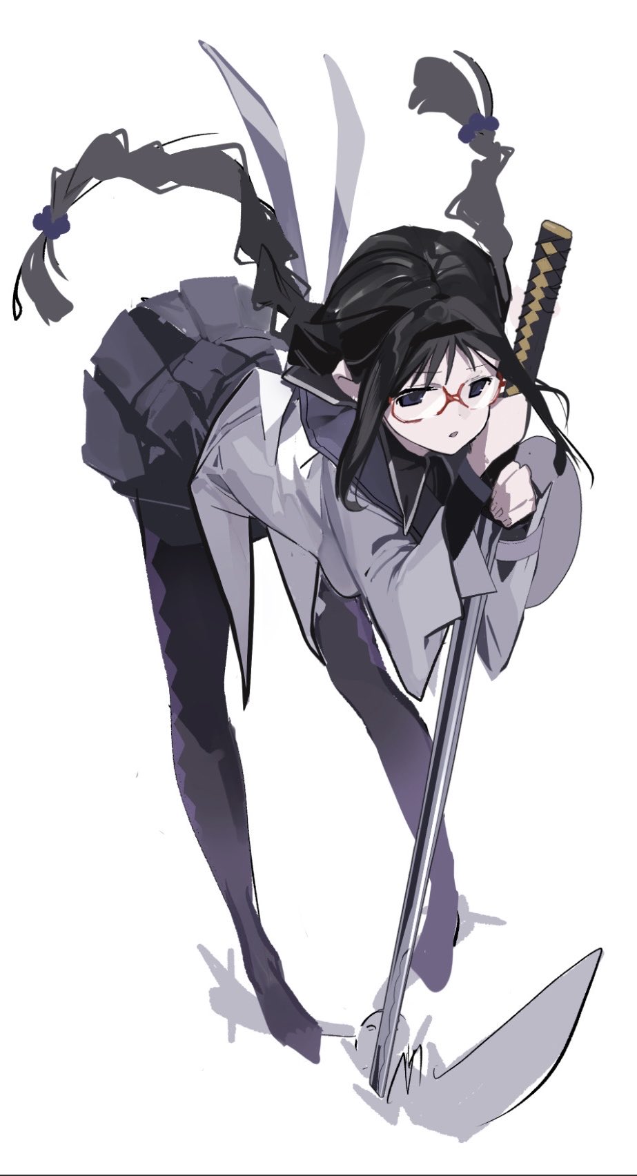 kokoro6636, akemi homura, akemi homura (magical girl), mahou shoujo madoka magica, highres, 1girl, axe, black eyes, black hair, black thighhighs, braid, glasses, holding, holding axe, leaning forward, long hair, long sleeves, looking at viewer, purple skirt, red-framed eyewear, shirt, simple background, skirt, solo, thighhighs, twin braids, white background, white shirt