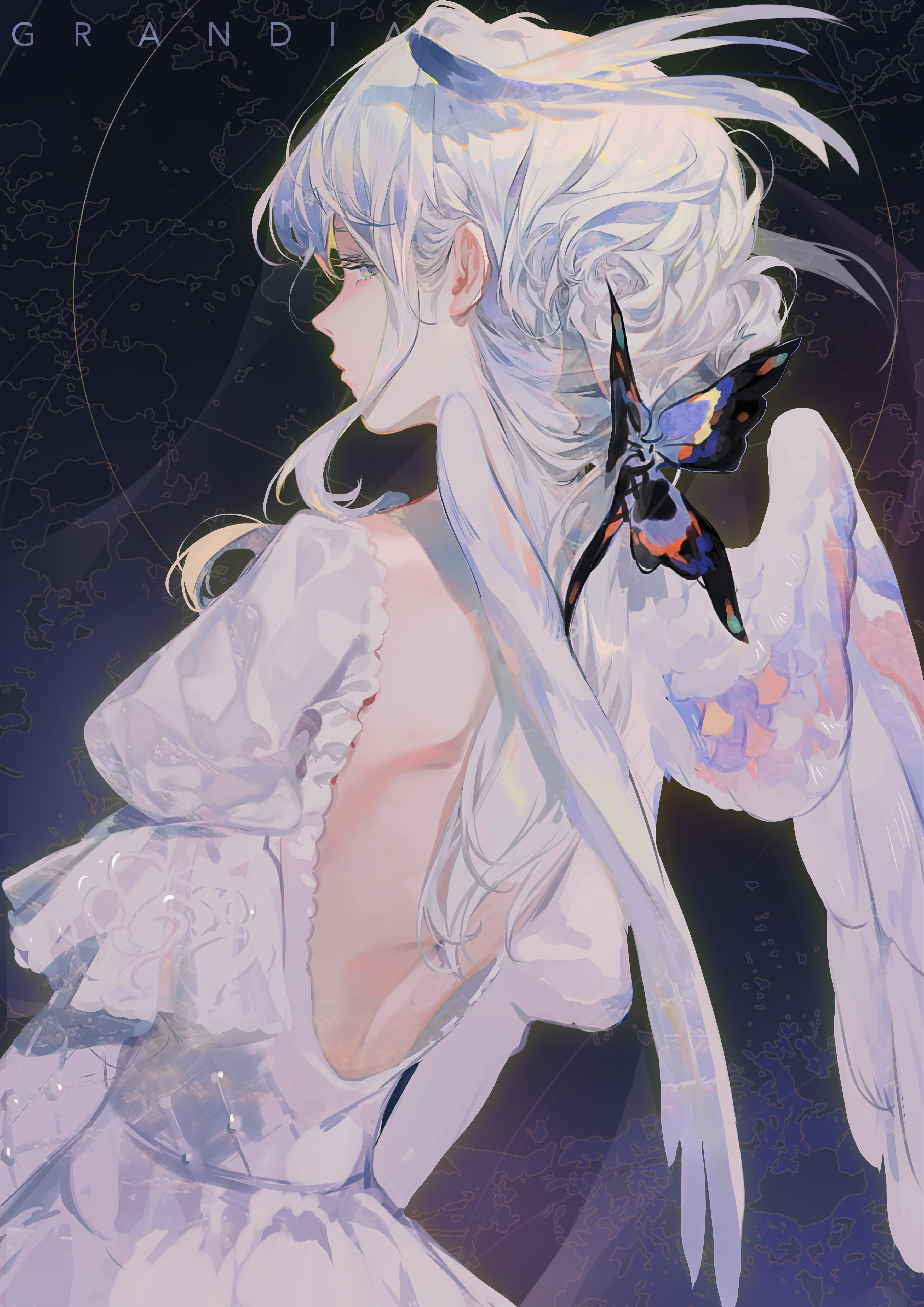 grandia lee, original, absurdres, commentary request, highres, 1girl, angel wings, artist name, backless dress, backless outfit, butterfly hair ornament, dress, dutch angle, hair ornament, juliet sleeves, long hair, long sleeves, profile, puffy sleeves, sidelocks, sideways glance, solo, upper body, white dress, white hair, white wings, wings