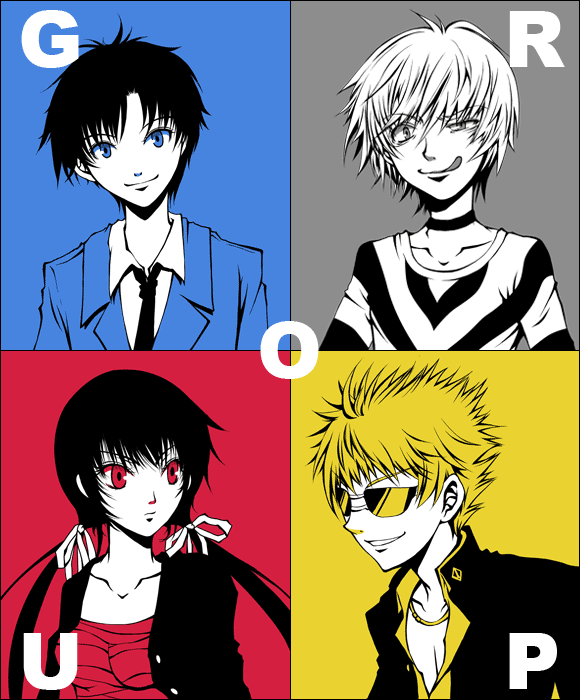 kuroe (sugarberry), accelerator (toaru majutsu no index), etzali, musujime awaki, tsuchimikado motoharu, unabara mitsuki, toaru majutsu no index, toaru majutsu no index: old testament, bad id, bad pixiv id, 00s, 1girl, 3boys, blue background, grey background, group(toaru), monochrome, multiple boys, multiple monochrome, necktie, red background, sunglasses, twintails, yellow background