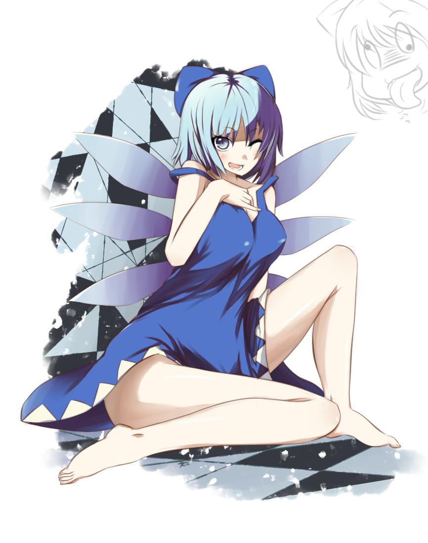 arcadia090, cirno, embodiment of scarlet devil, touhou, bad id, bad pixiv id, 1girl, aged up, alternate breast size (larger), barefoot, blue dress, blue eyes, blue hair, blue skirt, bow, breasts, dress, feet, female focus, large breasts, legs, matching hair/eyes, one eye closed, short hair, skirt, solo, strap slip, wings, wink