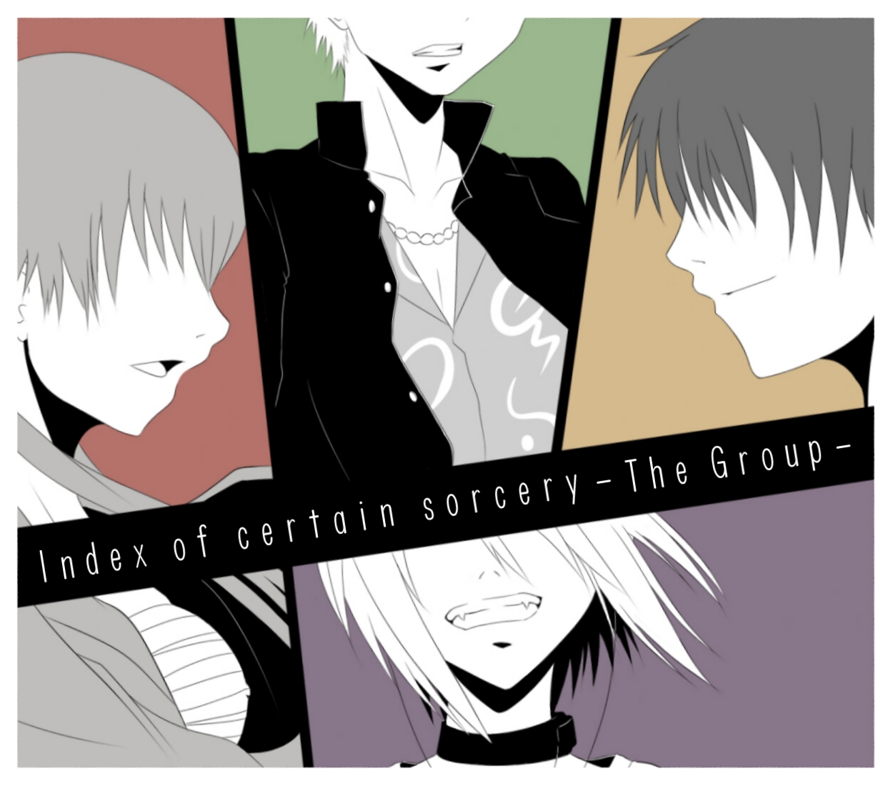 bloody moon, tada tsuki, accelerator (toaru majutsu no index), etzali, musujime awaki, tsuchimikado motoharu, unabara mitsuki, toaru majutsu no index, toaru majutsu no index: old testament, 00s, 1girl, 3boys, green background, monochrome, multiple boys, orange background, purple background, red background