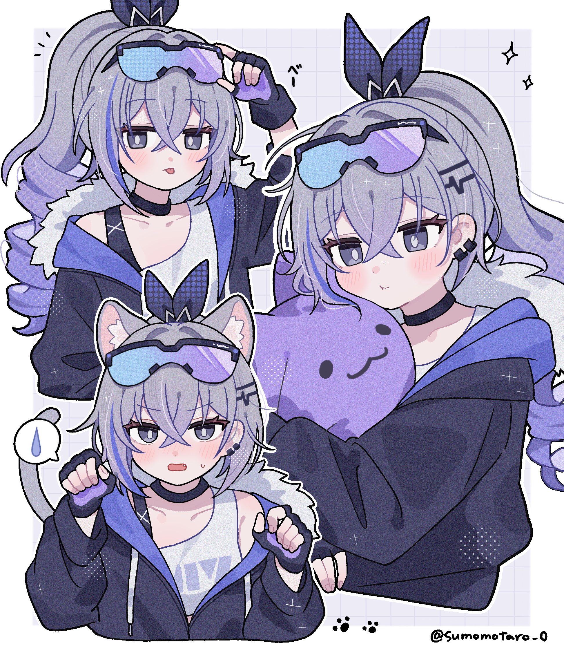 omuyan, silver wolf (honkai: star rail), honkai: star rail, honkai (series), highres, 1girl, animal ear fluff, animal ears, blush, cat ears, choker, drill, earrings, eyewear on head, fingerless gloves, fur trim, gloves, grey eyes, grey hair, hair between eyes, hair ornament, hairclip, holding, holding stuffed toy, hood, hood down, jacket, jewelry, multiple expressions, open clothes, open jacket, paw print, purple streaks, sidelocks, single earring, sparkle, stuffed animal, stuffed toy, sweatdrop, tank top