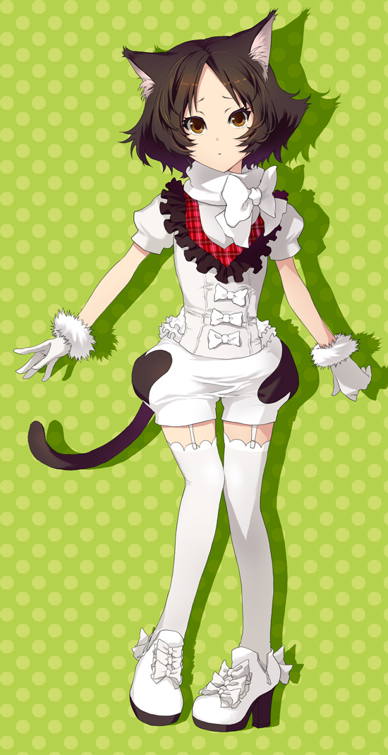 sage joh, original, bad id, bad pixiv id, 1girl, animal ears, black hair, bow, brown eyes, cat ears, cat tail, female focus, fur trim, garter straps, gloves, high heels, legs, pigeon-toed, polka dot, polka dot background, puffy pants, puffy shorts, shoes, shorts, solo, tail, thighhighs, white gloves