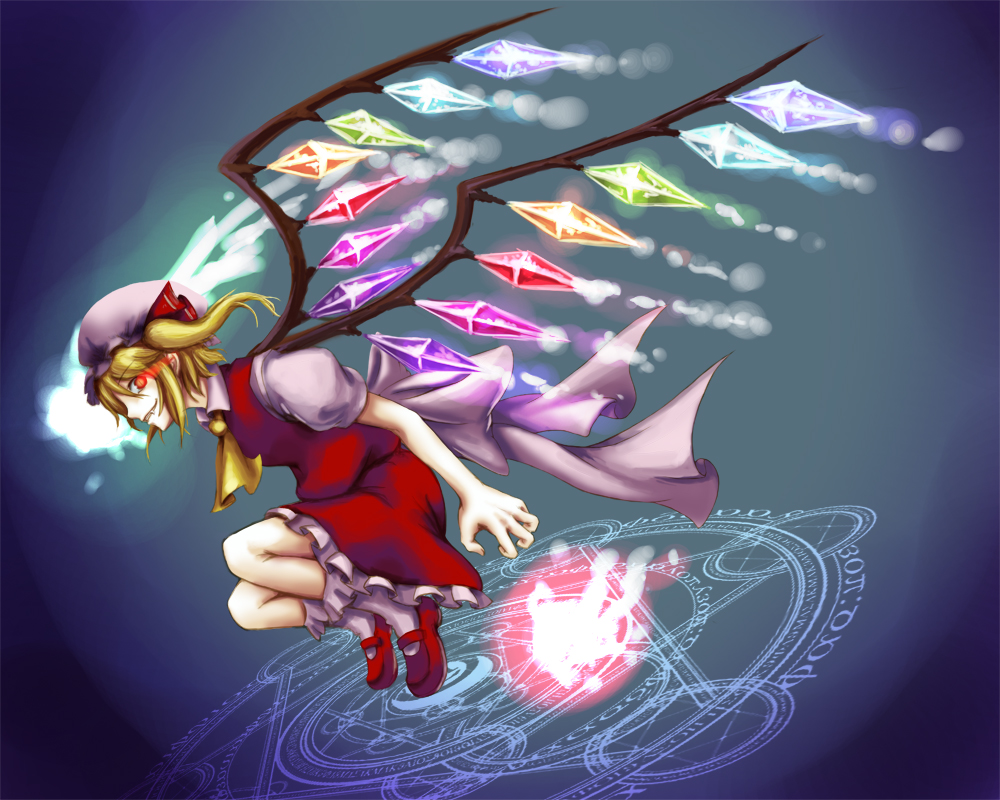 blue (pixiv), seisetu, flandre scarlet, touhou, 1girl, blonde hair, blouse, blue background, collared shirt, female focus, frilled socks, frills, from side, hat, magic circle, mob cap, ponytail, red eyes, red shoes, shirt, shoes, short hair, side ponytail, socks, solo, white hat, white shirt, white socks, wings