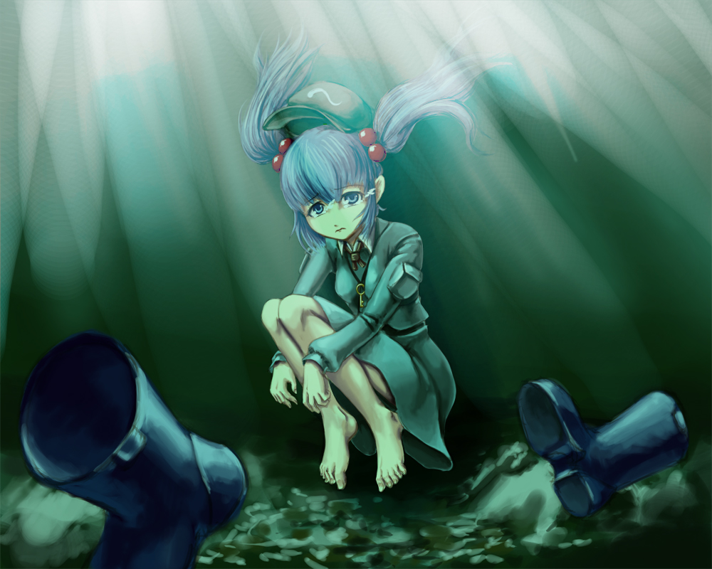 blue (pixiv), seisetu, kawashiro nitori, touhou, 1girl, barefoot, blue eyes, blue hair, boots, feet, female focus, hair bobbles, hair ornament, hat, key, matching hair/eyes, short hair, solo, tears, twintails, two side up, underwater, wet, wet clothes