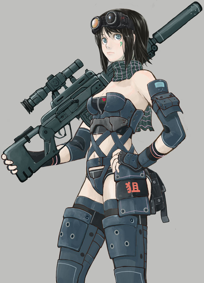 1girl, black hair, blue eyes, female focus, goggles, gun, scarf, science fiction, scope, short hair, solo, suppressor, weapon