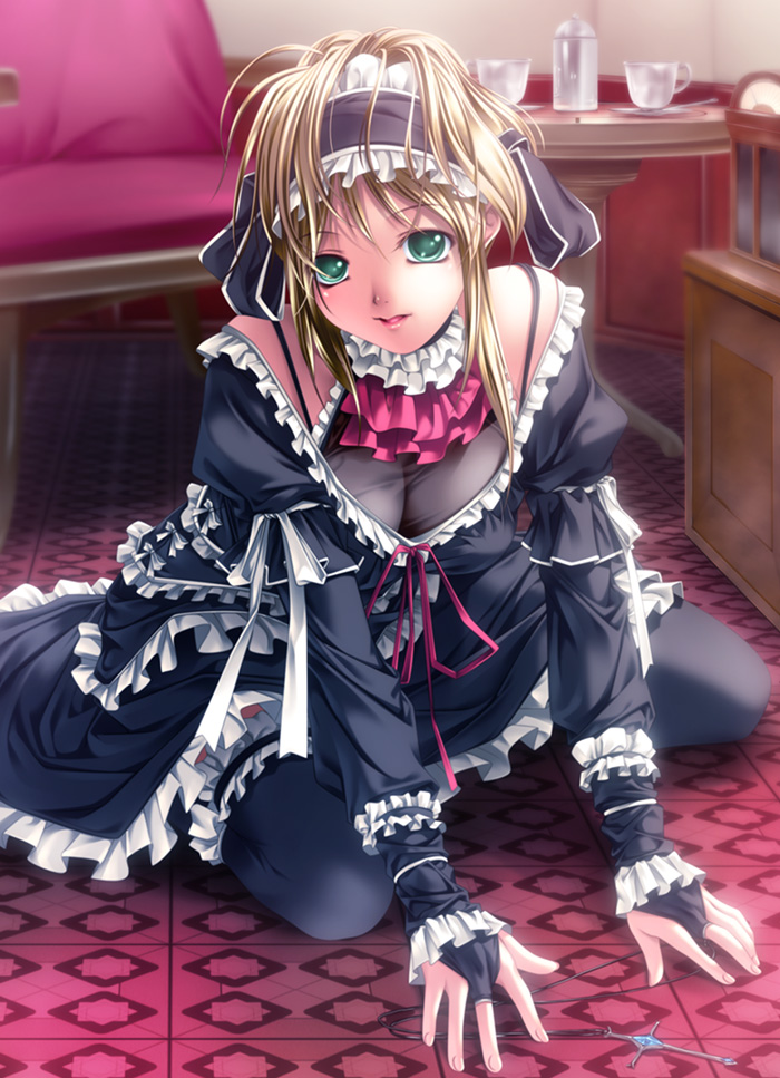 rezi, original, bad id, bad pixiv id, 1girl, bare shoulders, black thighhighs, blonde hair, breasts, bridal gauntlets, cleavage, cross, cup, female focus, gothic lolita, green eyes, indoors, jewelry, kneeling, large breasts, lolita fashion, long hair, maid, necklace, sitting, solo, teacup, thighhighs
