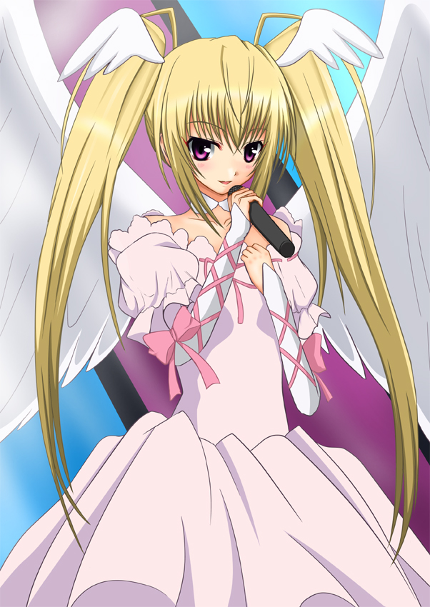 natsuzakura yuuki, hoshina utau, seraphic charm, shugo chara!, bad id, bad pixiv id, 1girl, angel wings, blonde hair, blush, dress, female focus, head wings, long hair, microphone, pink eyes, ribbon, ribbon-trimmed clothes, ribbon trim, smile, solo, twintails, wings