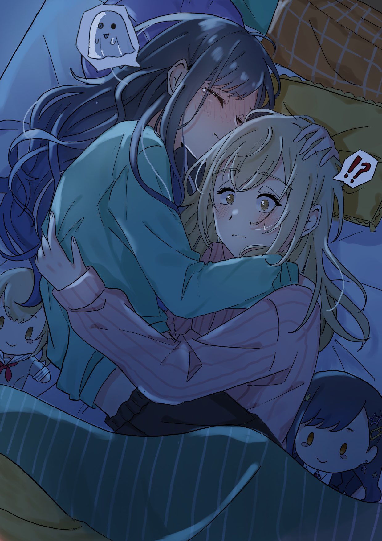 azusawa kohane, shiraishi an, project sekai, commentary, highres, symbol-only commentary, !?, 2girls, aqua shirt, black hair, blue hair, blush, brown eyes, brown hair, character doll, closed mouth, cuddling, doll, gradient hair, hand on another's head, hug, long hair, multicolored hair, multiple girls, night, pillow, pink shirt, shirt, sleeping, spoken interrobang, sweat, under covers, yuri, zero (zero 2255)