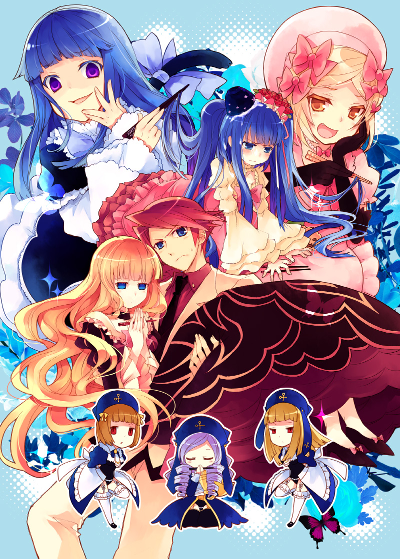 suzushiro kurumi, beatrice (umineko), cornelia (umineko), dlanor a. knox, eiserne jungfrau, frederica bernkastel, furudo erika, gertrude (umineko), lambdadelta, ushiromiya battler, umineko no naku koro ni, 00s, 1boy, 6+girls, blonde hair, blue eyes, carrying, chopsticks, drill hair, hat, multiple girls, pink hat, princess carry, purple eyes, purple hair, red hair, thighhighs