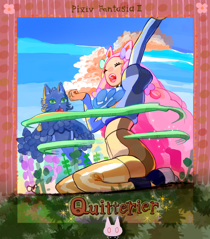 mushiyoshi, pixiv fantasia, pixiv fantasia 3, bad id, bad pixiv id, 1girl, animal ears, cat, cat ears, cloud, female focus, pink hair, shoes, sitting, sky, solo, stretching, thighhighs, yawning