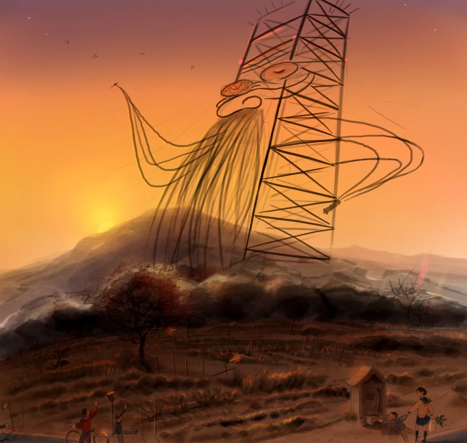 mushiyoshi, light, 1girl, 3boys, bird, building, landscape, multiple boys, power lines, scenery, star (symbol), sun, sunset, surreal, transmission tower, tree