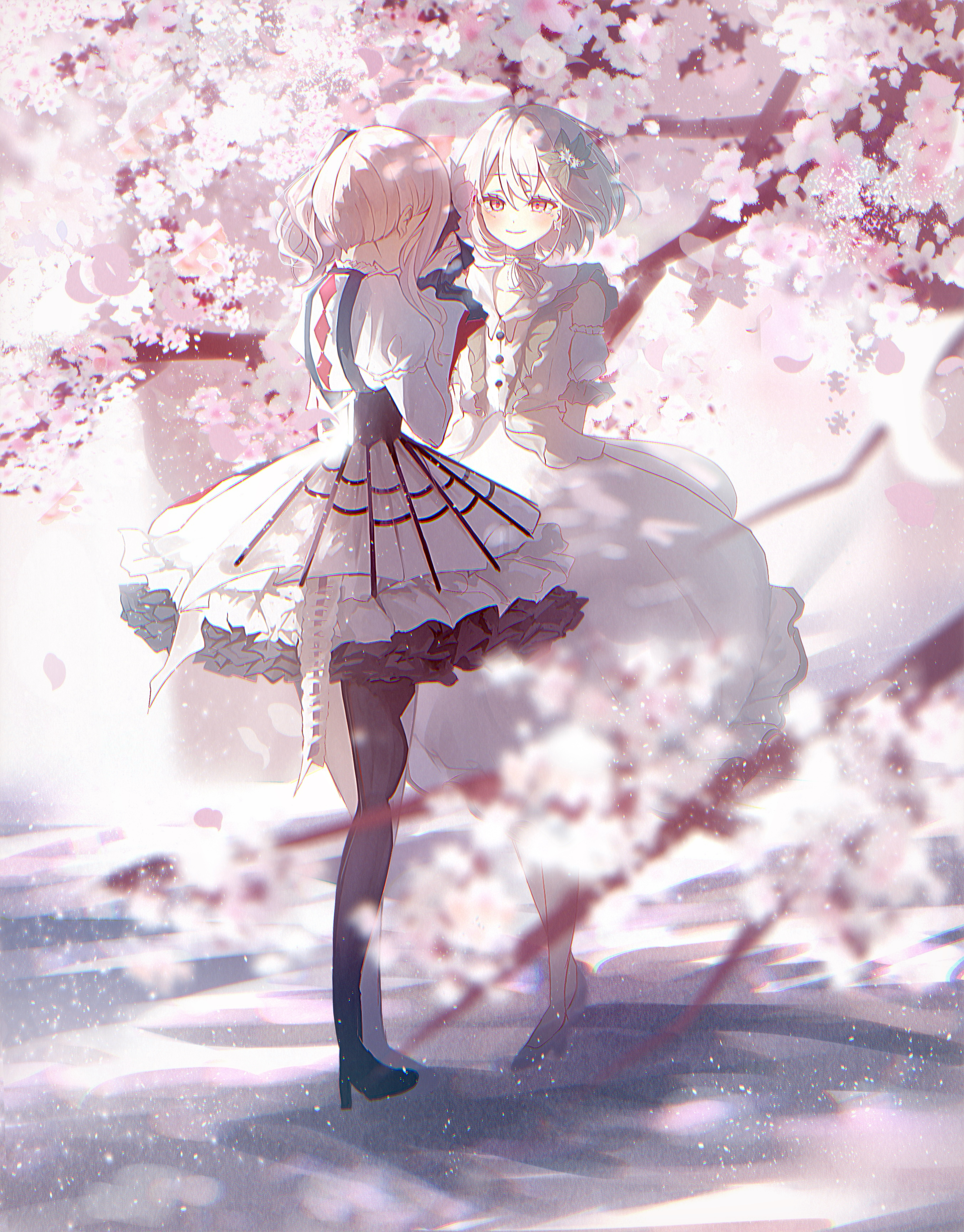 jakko chan, akiyama mizuki, kizu darake no te de watashi-tachi wa (project sekai), project sekai, absurdres, commentary, highres, 2others, arms behind back, asymmetrical footwear, black dress, black ribbon, blindfold, blurry, blurry foreground, boots, buttons, cherry blossoms, choker, circle skirt, closed mouth, collarbone, crying, depth of field, detached sleeves, dress, dual persona, facing another, flower, frilled choker, frilled dress, frilled sleeves, frills, full body, hair between eyes, hair flower, hair ornament, hair ribbon, hands up, juliet sleeves, keikyoku no machi wa doko e (project sekai), layered dress, long dress, long hair, long sidelocks, long sleeves, multiple others, multiple persona, official alternate costume, official alternate hair length, official alternate hairstyle, other focus, outdoors, petals, pink eyes, pink hair, puffy sleeves, ribbon, ribbon choker, short hair, short sleeves, side ponytail, sidelocks, smile, standing, tearing up, thigh boots, tree, white choker, white dress, wind