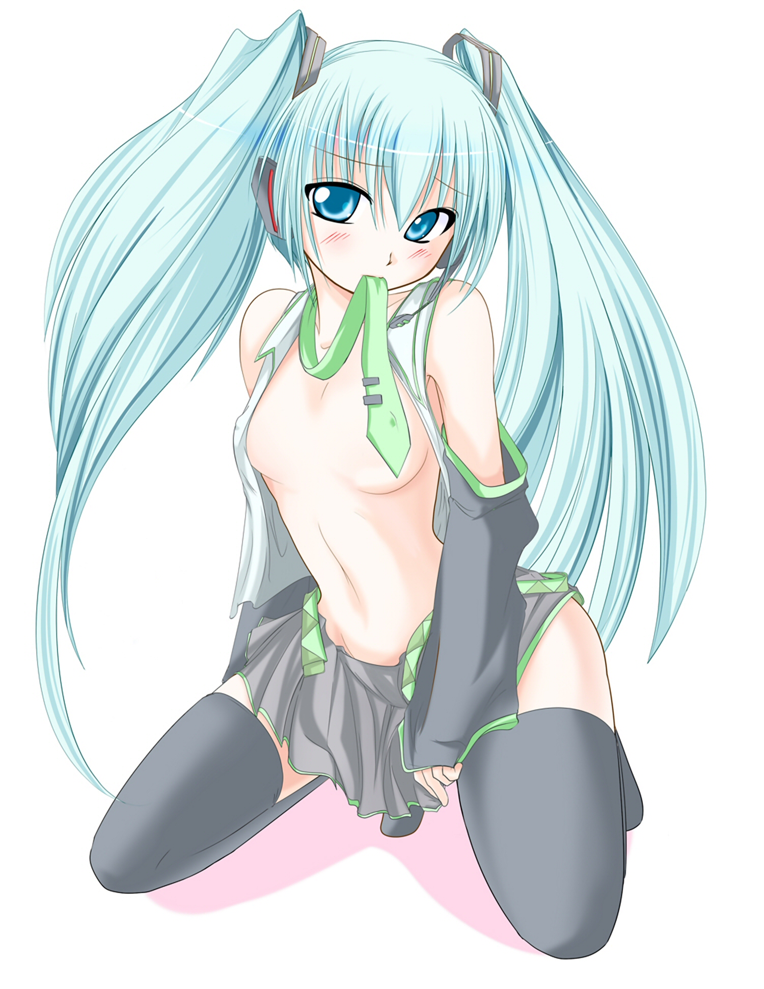 kirihane, hatsune miku, vocaloid, highres, 1girl, aqua eyes, aqua hair, blush, breasts, covered erect nipples, detached sleeves, female focus, hair ornament, long hair, midriff, miniskirt, mouth hold, navel, necktie, open clothes, open shirt, pleated skirt, shirt, sitting, skirt, solo, thighhighs, twintails, undressing, very long hair, zettai ryouiki