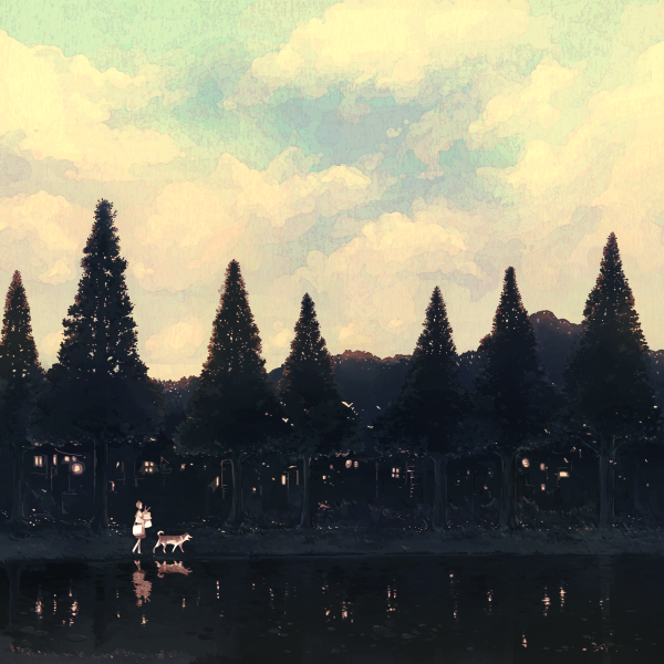 koyori (artist), kusanagi koyori, lights, 1girl, cloud, dog, female focus, forest, lake, nature, sky, solo, tree, water