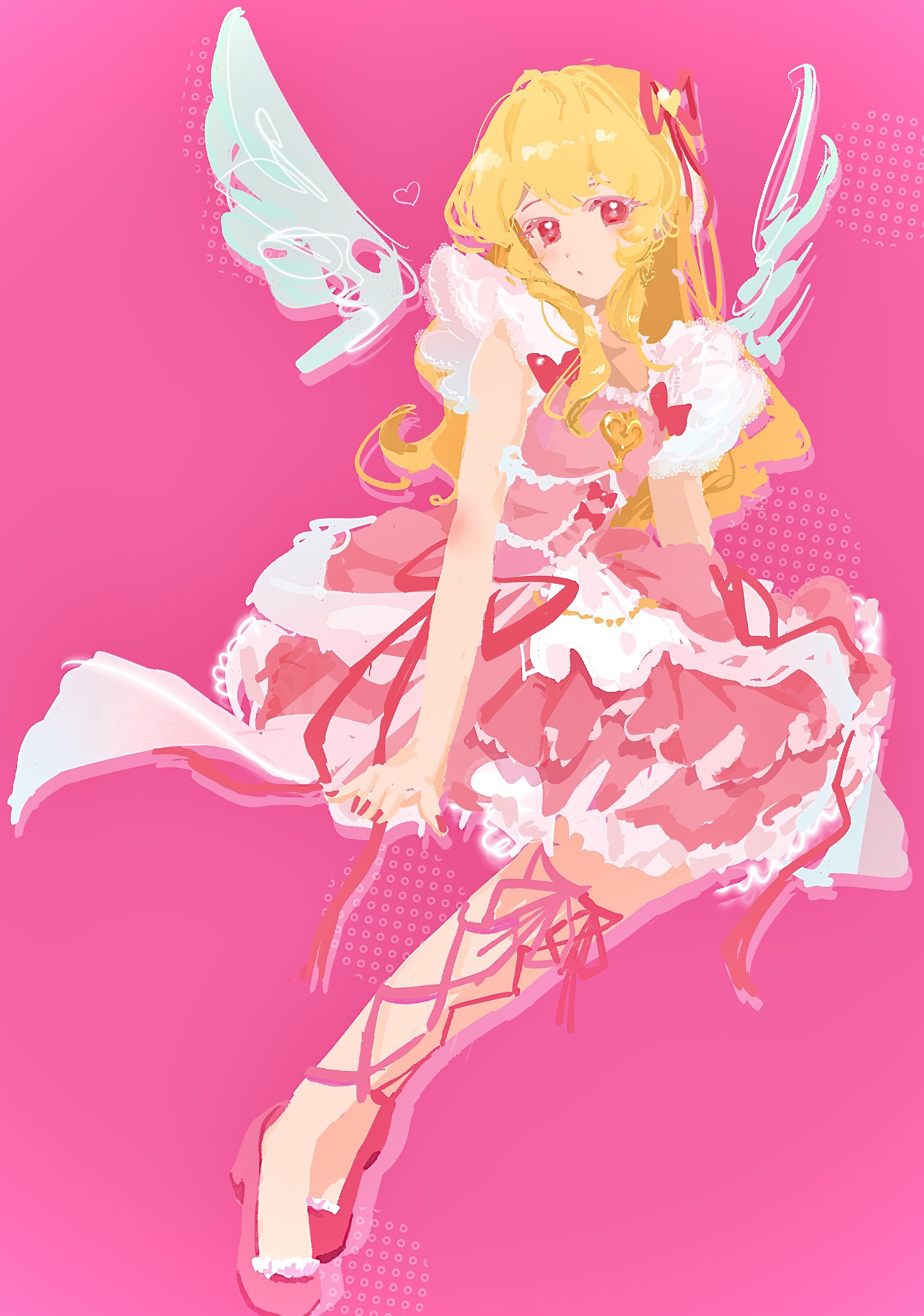 minyono, hoshimiya ichigo, aikatsu!, aikatsu! (series), absurdres, commentary, highres, symbol-only commentary, 1girl, blonde hair, bow, dress, full body, hair ribbon, idol clothes, invisible chair, long hair, looking at viewer, pink background, pink bow, pink dress, pink ribbon, pink shoes, ribbon, shoes, sitting, solo, wings