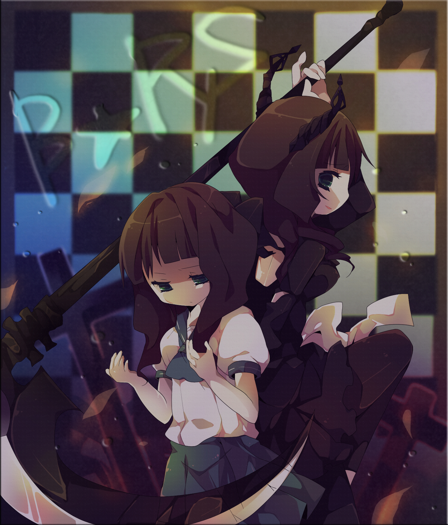 ana (rznuscrf), dead master, takanashi yomi, black rock shooter, bad id, bad pixiv id, highres, 10s, 2girls, back-to-back, brown hair, curly hair, dual persona, green eyes, horns, multiple girls, school uniform, scythe