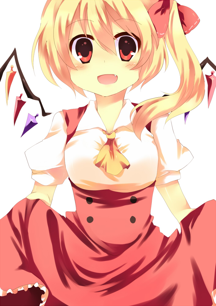 nabeshima (pon nbsm), flandre scarlet, touhou, bad id, bad pixiv id, 1girl, blonde hair, clothes lift, dress, dress lift, fang, female focus, no headwear, red eyes, ribbon, side ponytail, skirt hold, smile, solo, wings