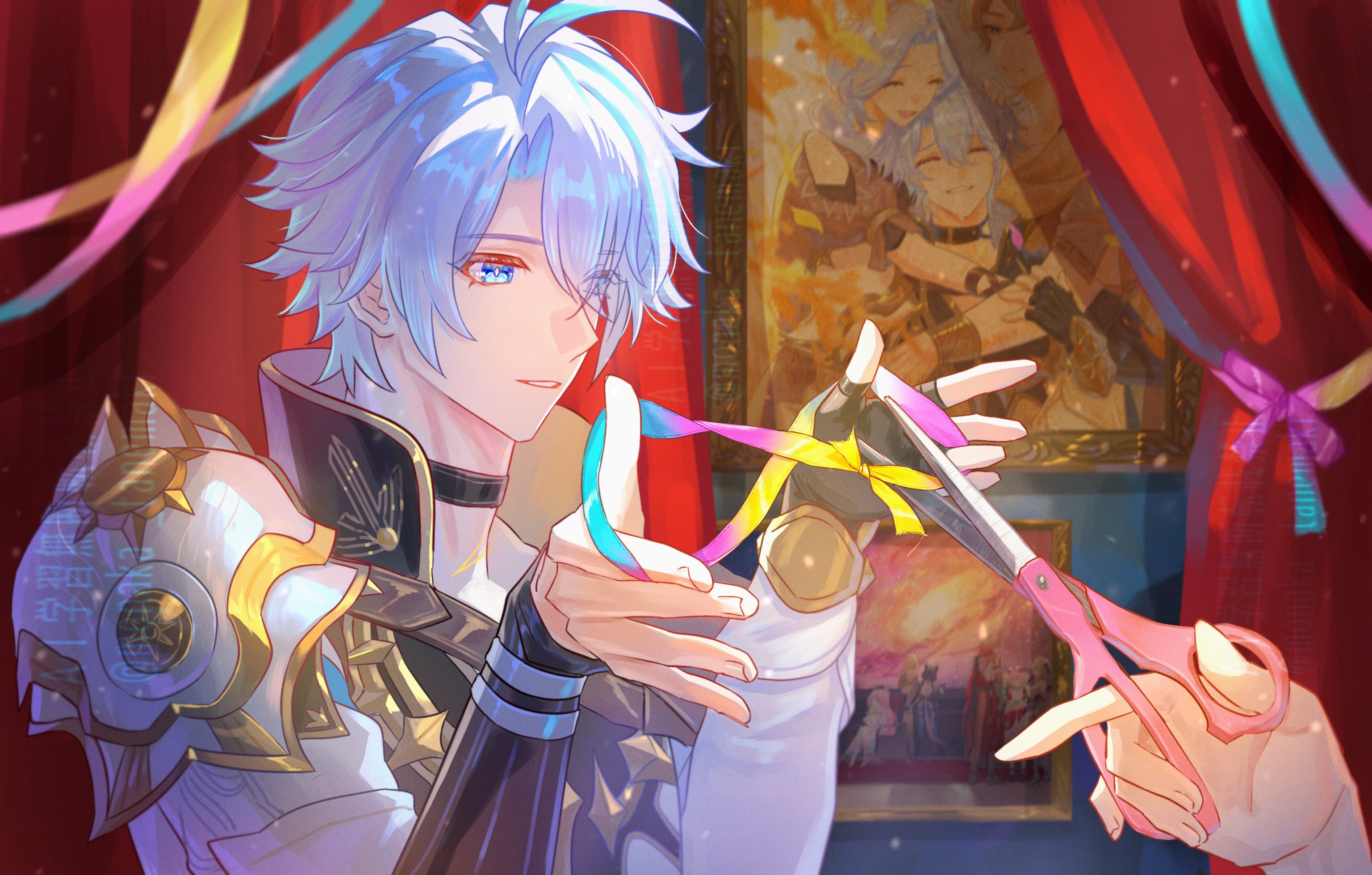 tanemaki monaka, phainon (honkai: star rail), honkai: star rail, honkai (series), character request, highres, 1boy, armor, belt, black choker, black gloves, blue eyes, choker, coat, crossed bangs, fingerless gloves, fingernails, gloves, grey hair, hair between eyes, indoors, male focus, neck tattoo, painting (object), parted bangs, parted lips, pauldrons, short hair, shoulder armor, single glove, single pauldron, solo focus, tattoo, teeth, white coat, yellow pupils