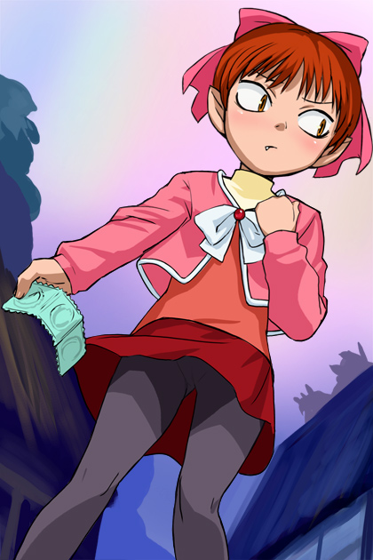 haruyama kazunori, nekomusume, gegege no kitarou, toei company, 1girl, bow, cameltoe, condom, condom packet strip, condom wrapper, embarrassed, fang, female focus, from below, hair bow, loli, orange eyes, pantyhose, red hair, slit pupils, solo, upskirt