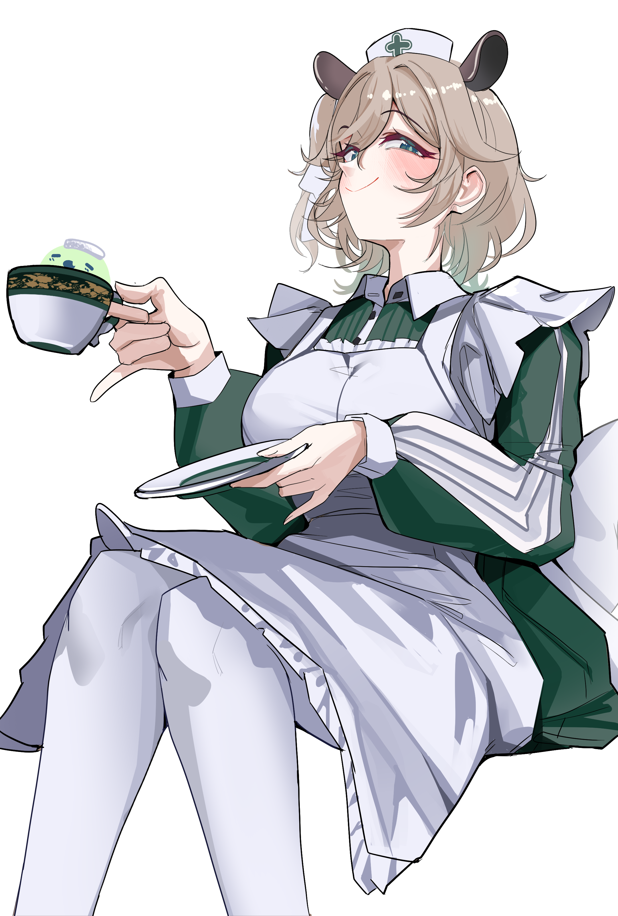 punpond, nimi nightmare, nimi nightmare (1st costume), indie virtual youtuber, absurdres, highres, 1girl, animal ears, apron, blush, brown hair, closed mouth, cup, dress, green dress, green eyes, hat, holding, holding cup, holding tray, looking at viewer, medium hair, nurse cap, pantyhose, smile, solo, tapir ears, tapir girl, tray, virtual youtuber, white apron, white background, white hat, white pantyhose