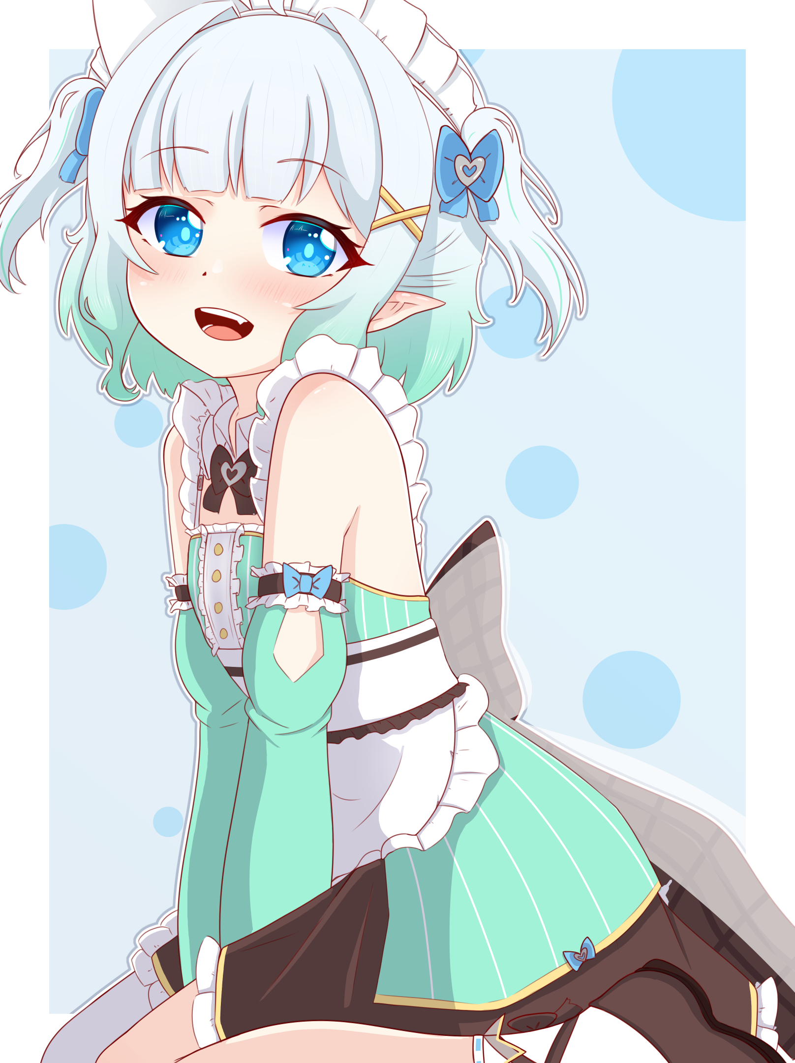 kisaragi 1go, mint fantome, mint fantome (minto 2.0), densetsu.exe, highres, apron, aqua dress, aqua hair, aqua sleeves, detached sleeves, dress, hair ornament, looking at viewer, maid, maid apron, open mouth, pointy ears, smile, solo, teeth, two side up, upper teeth only, virtual youtuber, white hair, x hair ornament