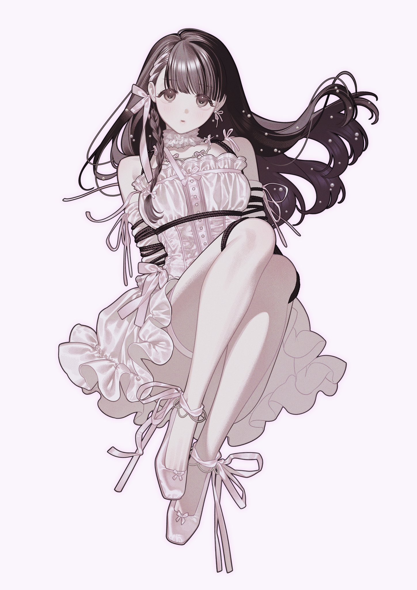 nanoka san, original, commission, cropped, highres, 1girl, ankle ribbon, bare shoulders, bdsm, blunt bangs, bondage, bound, braid, breasts, brown eyes, brown hair, buttons, detached sleeves, dress, dress ribbon, floating hair, frills, hair ribbon, leg ribbon, legs, legs together, light blush, long hair, looking at viewer, medium breasts, parted lips, pink dress, pink lips, pink ribbon, pink shoes, pink sleeves, restrained, ribbon, shoes, simple background, single braid, sleeveless, sleeveless dress, solo, straight hair, tareme, thigh strap, thighs, white background