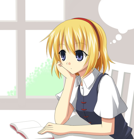 bluepony, alice margatroid, touhou, 1girl, blank speech bubble, blonde hair, blue eyes, book, female focus, hairband, indoors, plant, short hair, solo, speech bubble
