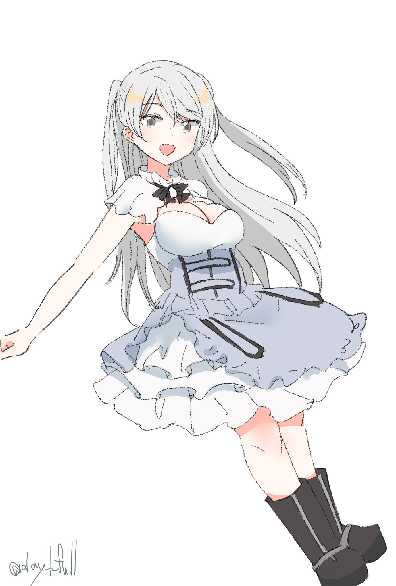 robinson (day l full), conte di cavour (kancolle), conte di cavour nuovo (kancolle), kantai collection, highres, 1girl, armpit cutout, black boots, boots, breasts, brown eyes, cleavage cutout, clothing cutout, dress, frilled dress, frills, grey dress, grey hair, large breasts, layered dress, long hair, one-hour drawing challenge, simple background, smile, solo, twitter username, two-tone dress, two side up, white background