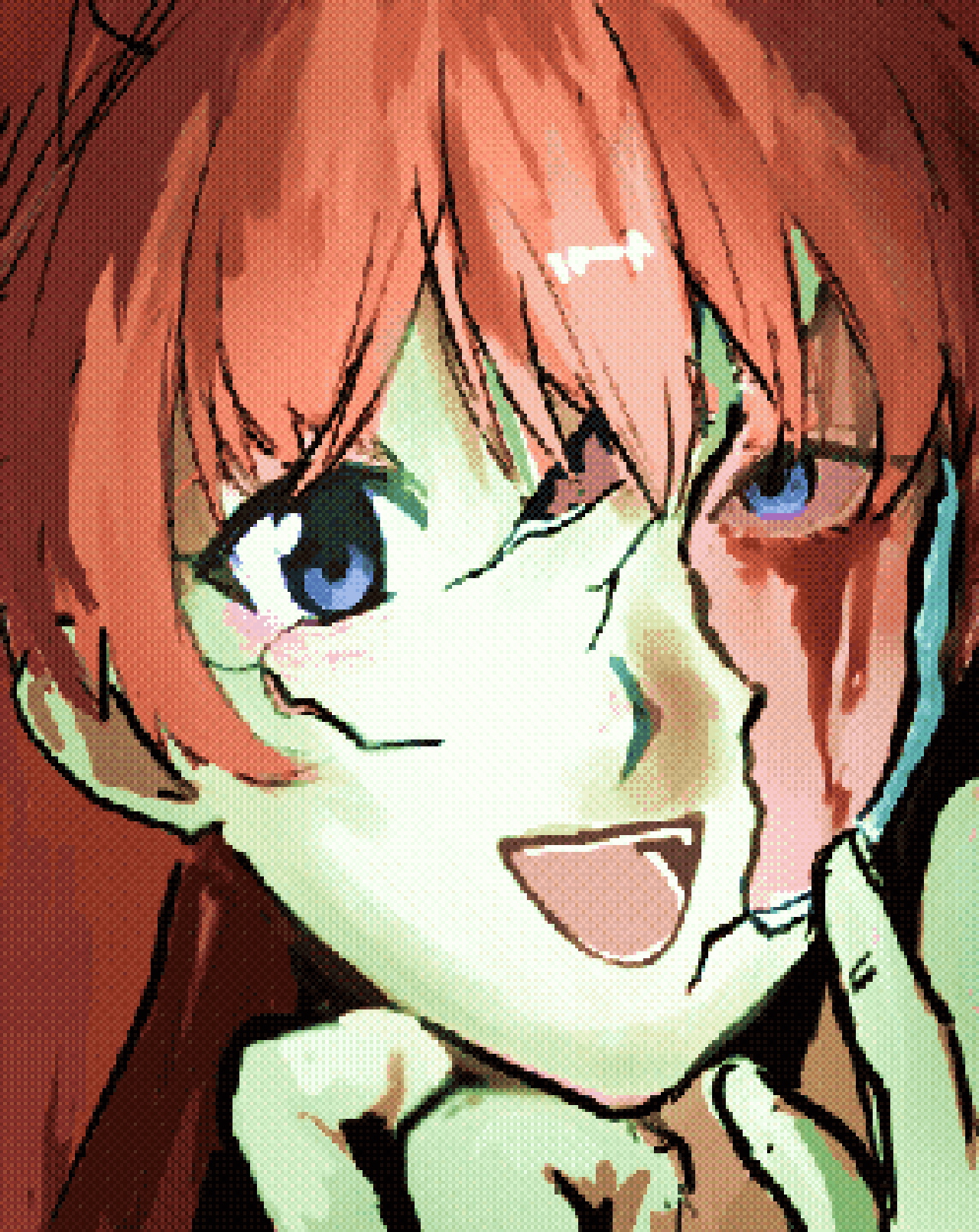 souryuu asuka langley, neon genesis evangelion, highres, 1girl, blood, blood on face, blue eyes, close-up, cracked kawaii mask, hand up, injury, long hair, looking at viewer, m8nort, open mouth, orange hair, pixel art, portrait, smile, solo, teeth