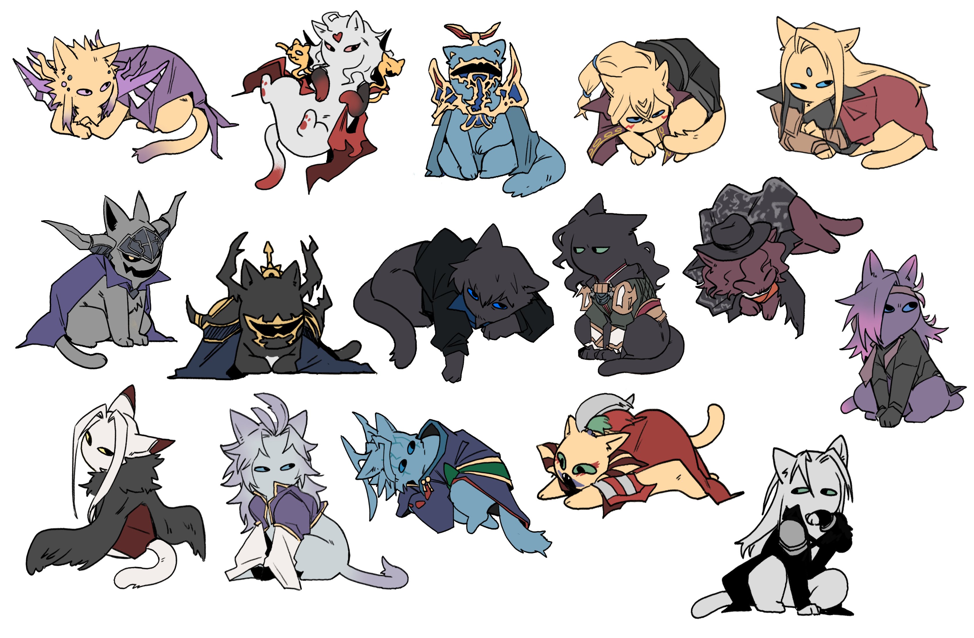 garbage paper, ardyn izunia, barnabas tharmr, caius ballad, cefca palazzo, cloud of darkness, emperor (ff2), exdeath, garland (ff1), golbez, kam'lanaut, kuja, sephiroth, seymour guado, ultimecia, vayne carudas solidor, zenos yae galvus, final fantasy, final fantasy i, final fantasy ii, final fantasy iii, final fantasy iv, final fantasy ix, final fantasy v, final fantasy vi, final fantasy vii, final fantasy viii, final fantasy x, final fantasy xi, final fantasy xii, final fantasy xiii, final fantasy xiii-2, final fantasy xiv, final fantasy xv, final fantasy xvi, absurdres, highres, <o> <o>, animal with hair, animalization, black fur, cape, cat, fake horns, fangs, feathered wings, hat, helmet, horned helmet, horns, in-franchise crossover, jacket, looking to the side, lying, wings