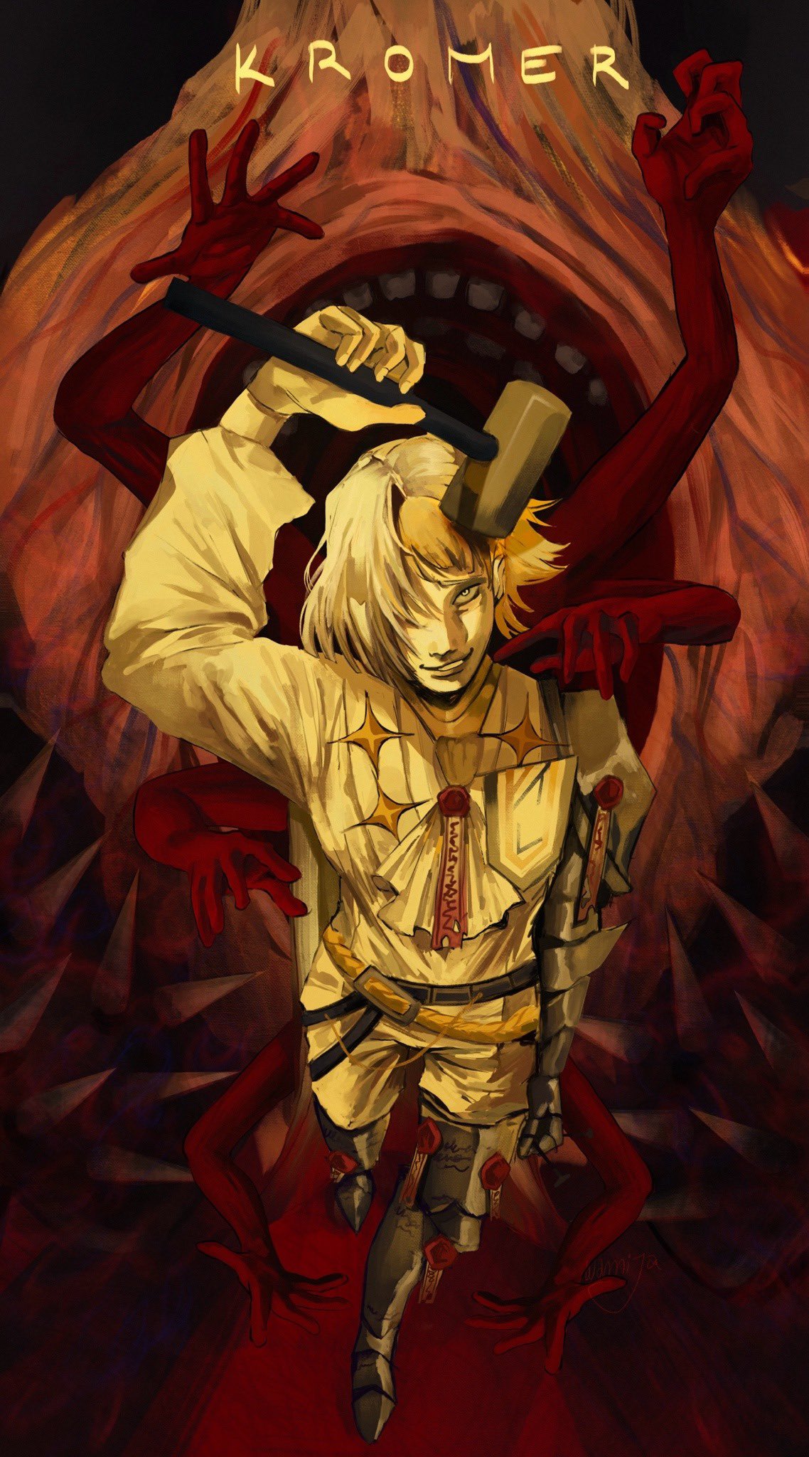 kromer (project moon), limbus company, project moon, highres, 1girl, ascot, blonde hair, character name, from above, full body, gauntlets, hammer, holding, holding hammer, looking at viewer, multicolored hair, open mouth, purity seal, solo, wa00e0, white ascot, white hair