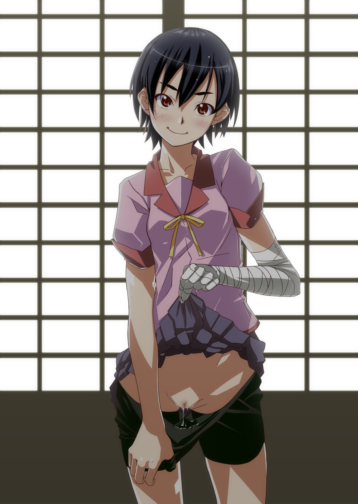 yada ei, kanbaru suruga, bakemonogatari, monogatari (series), highres, 00s, 1girl, bandaged hand, bandages, bike shorts, bike shorts pull, black hair, blush, breasts, brown eyes, censored, clothes lift, clothes pull, female focus, head tilt, lifting own clothes, looking at viewer, mosaic censoring, no panties, pleated skirt, presenting, pulling own clothes, pussy, pussy juice, pussy juice drip, pussy juice trail, ribbon, school uniform, short hair, shorts, shorts pull, skirt, skirt lift, small breasts, smile, solo, tomboy