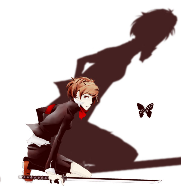mochiduki wachico, wa (pixiv), wa (wa no hito), shiomi kotone, atlus, persona, persona 3, persona 3 portable, bad id, bad pixiv id, 1girl, armband, bow, brown eyes, brown hair, bug, butterfly, female focus, hair ornament, hairclip, insect, katana, kneeling, school uniform, shadow, short hair, skirt, solo, sword, weapon