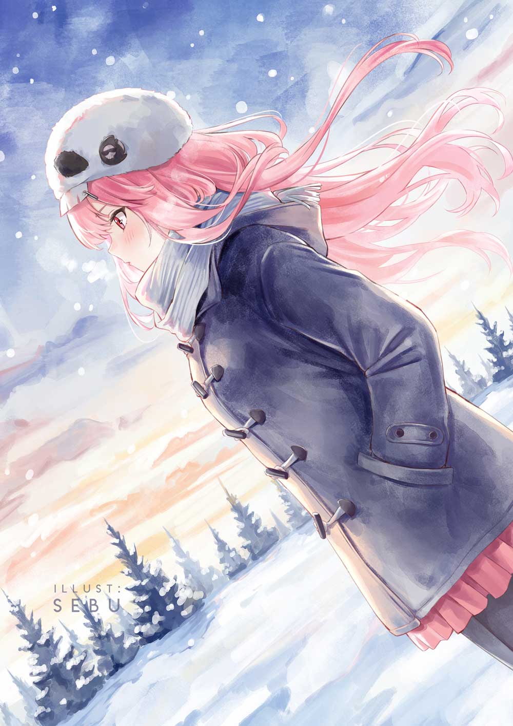 sebu illust, mori calliope, hololive, hololive english, highres, 1girl, alternate costume, black jacket, black pantyhose, closed mouth, hands in pockets, hat, jacket, long hair, outdoors, pantyhose, pink hair, red eyes, red skirt, skirt, snow, very long hair, virtual youtuber, white hat, winter