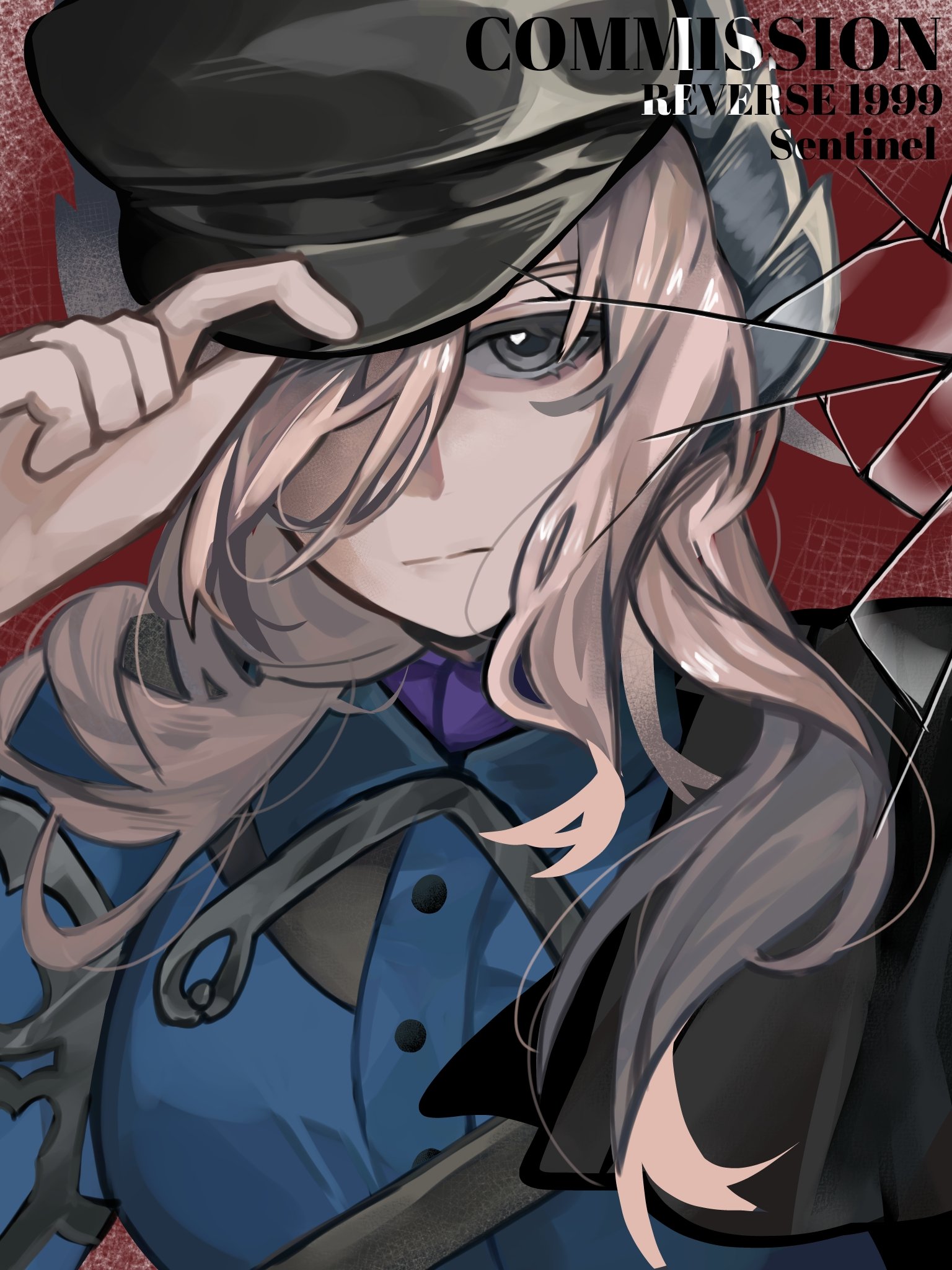 reverse:1999, commission, highres, 1girl, :|, adjusting clothes, adjusting headwear, airtree, black cape, black hat, blue jacket, broken glass, cape, character name, closed mouth, glass, hair ornament, hair over one eye, hand on headwear, hand up, hat, jacket, long hair, looking at viewer, military uniform, red background, sentinel (reverse:1999), side cape, solo, upper body