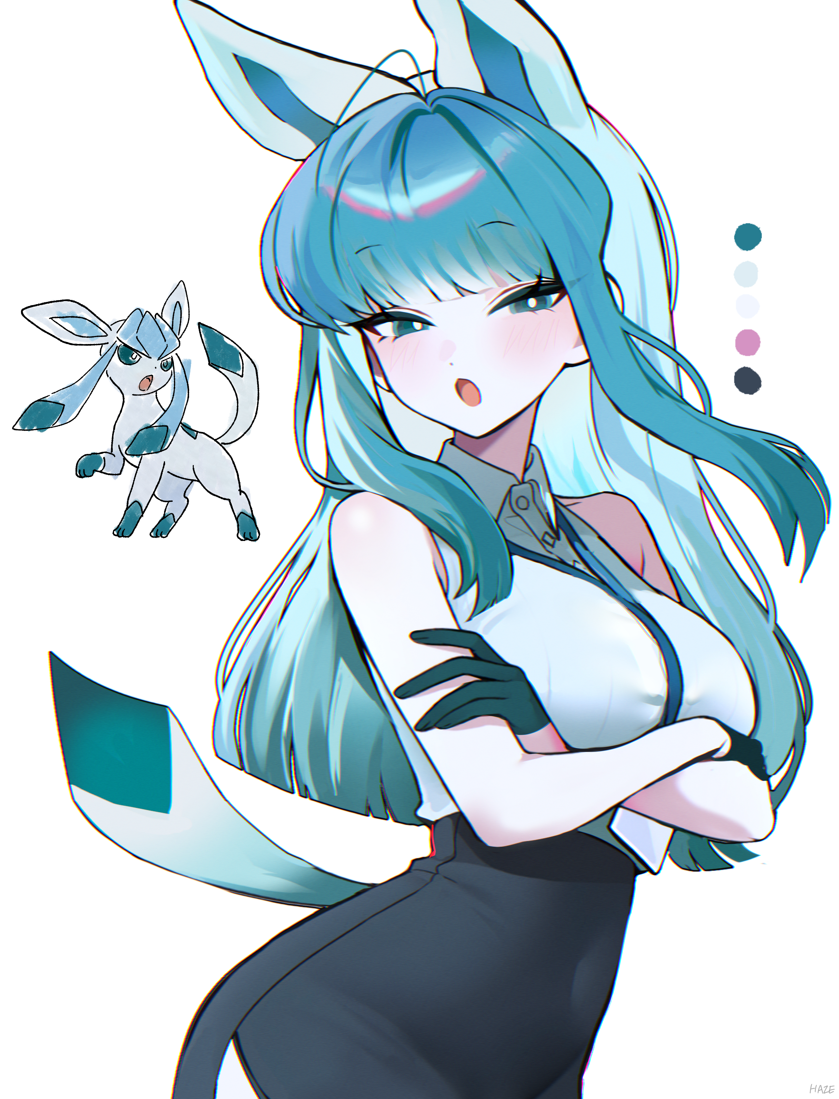 haze (7h4ze), glaceon, nintendo, original, pokemon, absurdres, highres, 1girl, ahoge, animal ears, aqua eyes, aqua hair, bare shoulders, black gloves, black skirt, breasts, bright pupils, collared shirt, cowboy shot, gen 4 pokemon, gloves, high-waist skirt, lanyard, large breasts, light blush, long hair, long sidelocks, looking at viewer, open mouth, pencil skirt, personification, pokemon (creature), reference inset, shirt, sidelocks, simple background, skirt, sleeveless, sleeveless shirt, tail, white background, white pupils, white shirt