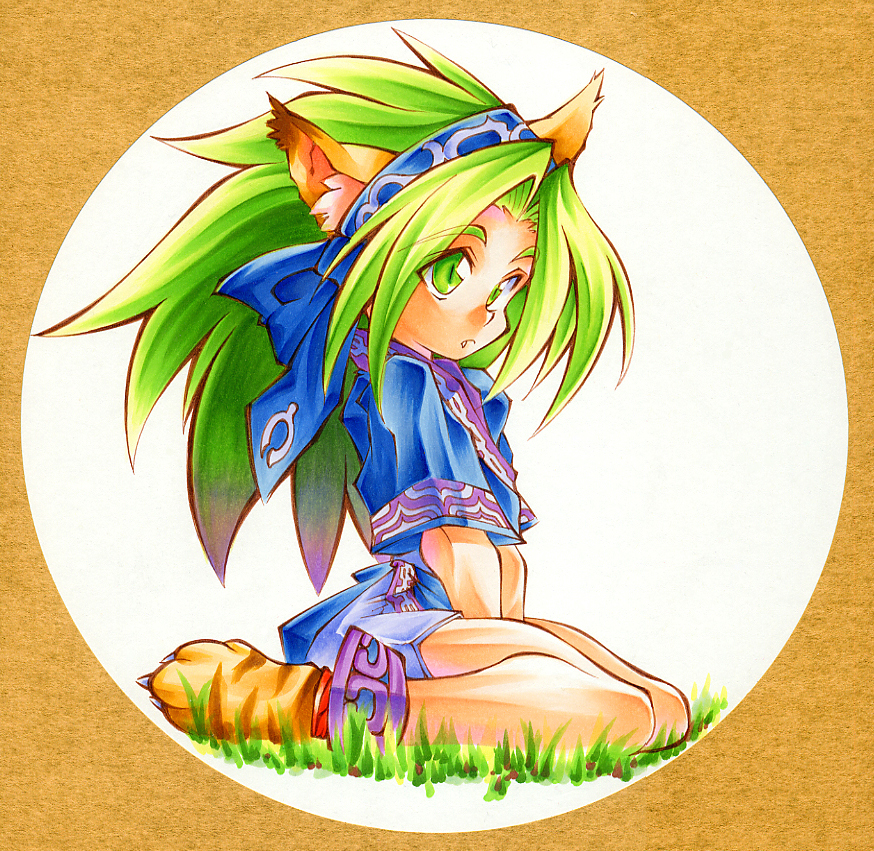 calnarsa, cham cham, rimururu, samurai spirits, snk, commentary request, photoshop (medium), 1girl, ainu clothes, animal ear fluff, animal ears, animal hands, animal print, cosplay, fang, female focus, green eyes, green hair, hairband, kneeling, long hair, matching hair/eyes, novelty shikishi, paw shoes, rimururu (cosplay), round image, shikishi, shoes, solo, tiger print