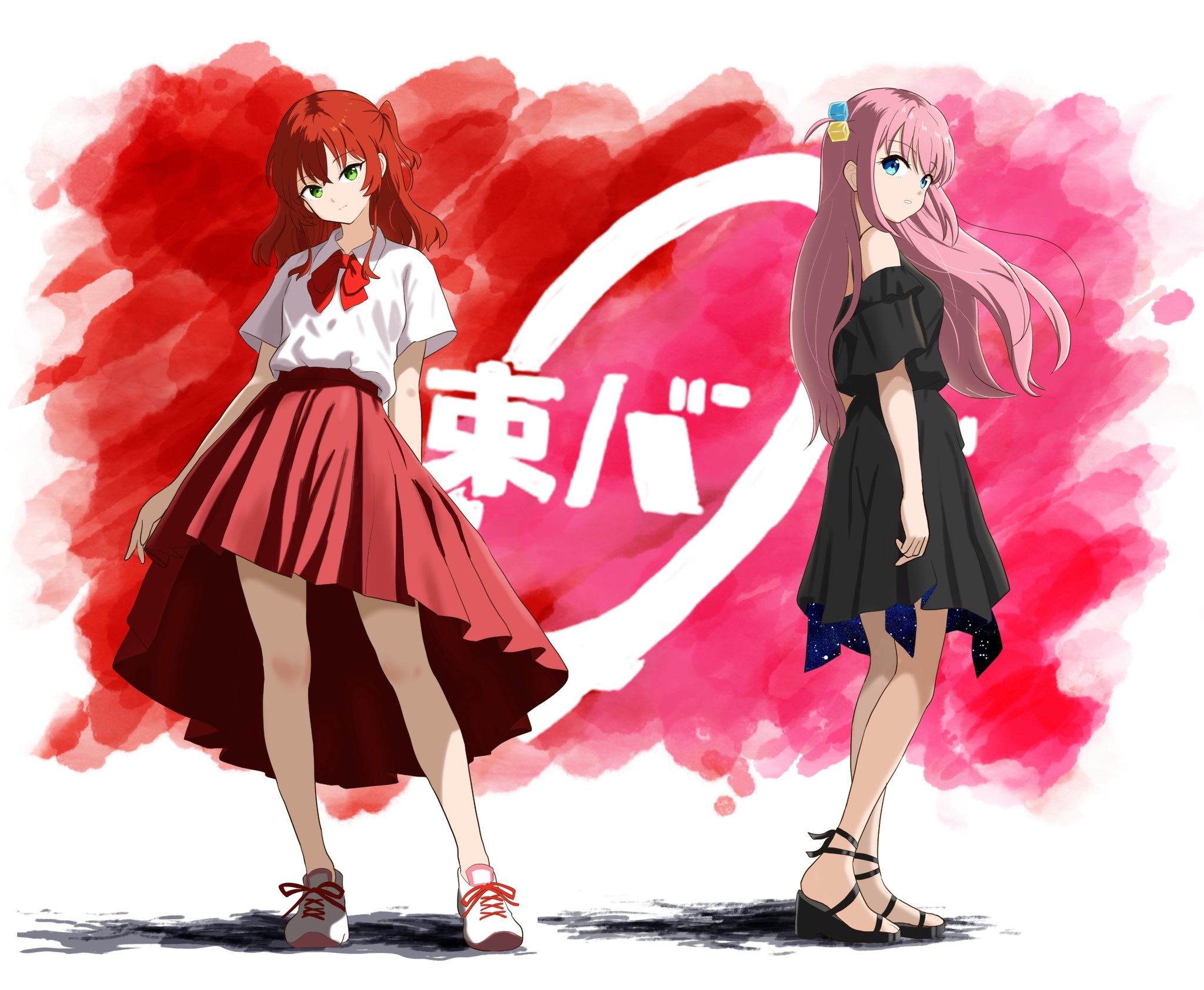 yuki. (kitaiku4), gotoh hitori, bocchi the rock!, commentary request, highres, 2girls, bare shoulders, black dress, blue eyes, bow, bowtie, collarbone, cube hair ornament, dress, floating hair, full body, green eyes, hair ornament, head tilt, high heel sandals, kessoku band logo, knees, light frown, long hair, looking at viewer, looking back, multiple girls, off-shoulder dress, off shoulder, one side up, pantyhose, pink hair, pleated skirt, red bow, red bowtie, red hair, red skirt, sandals, sheer pantyhose, shirt, shoelaces, shoes, short sleeves, skirt, sneakers, standing, strappy heels, white background, white shirt