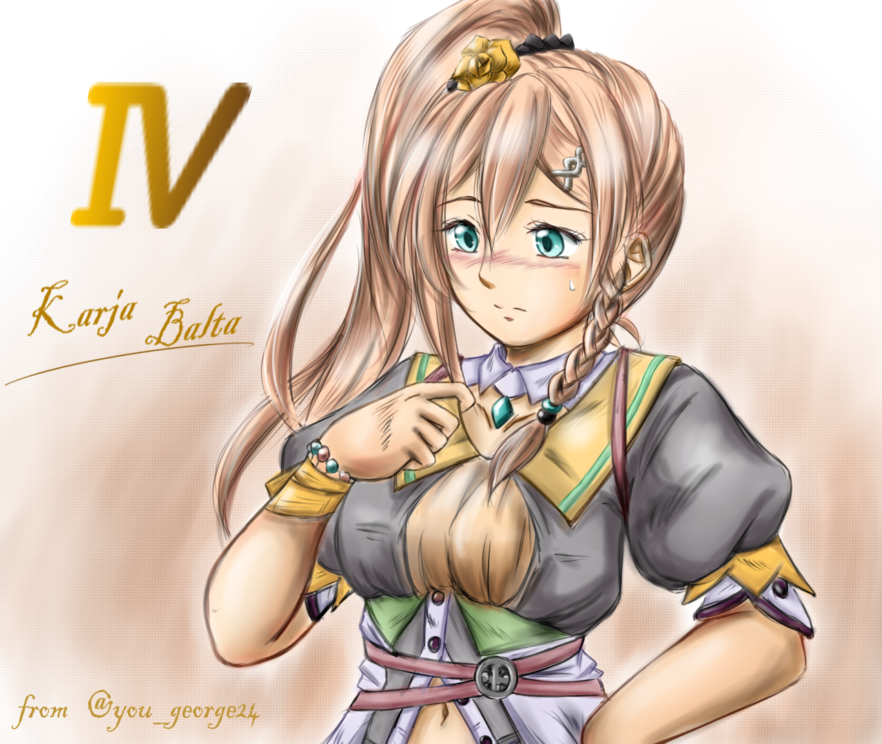 karja balta, ys, ys x: nordics, 1girl, black shirt, blonde hair, blue eyes, blush, braid, countdown, double-parted bangs, jewelry, long hair, necklace, pendant, purple scrunchie, scrunchie, shell, shell necklace, shirt, side braid, simple background, you george24