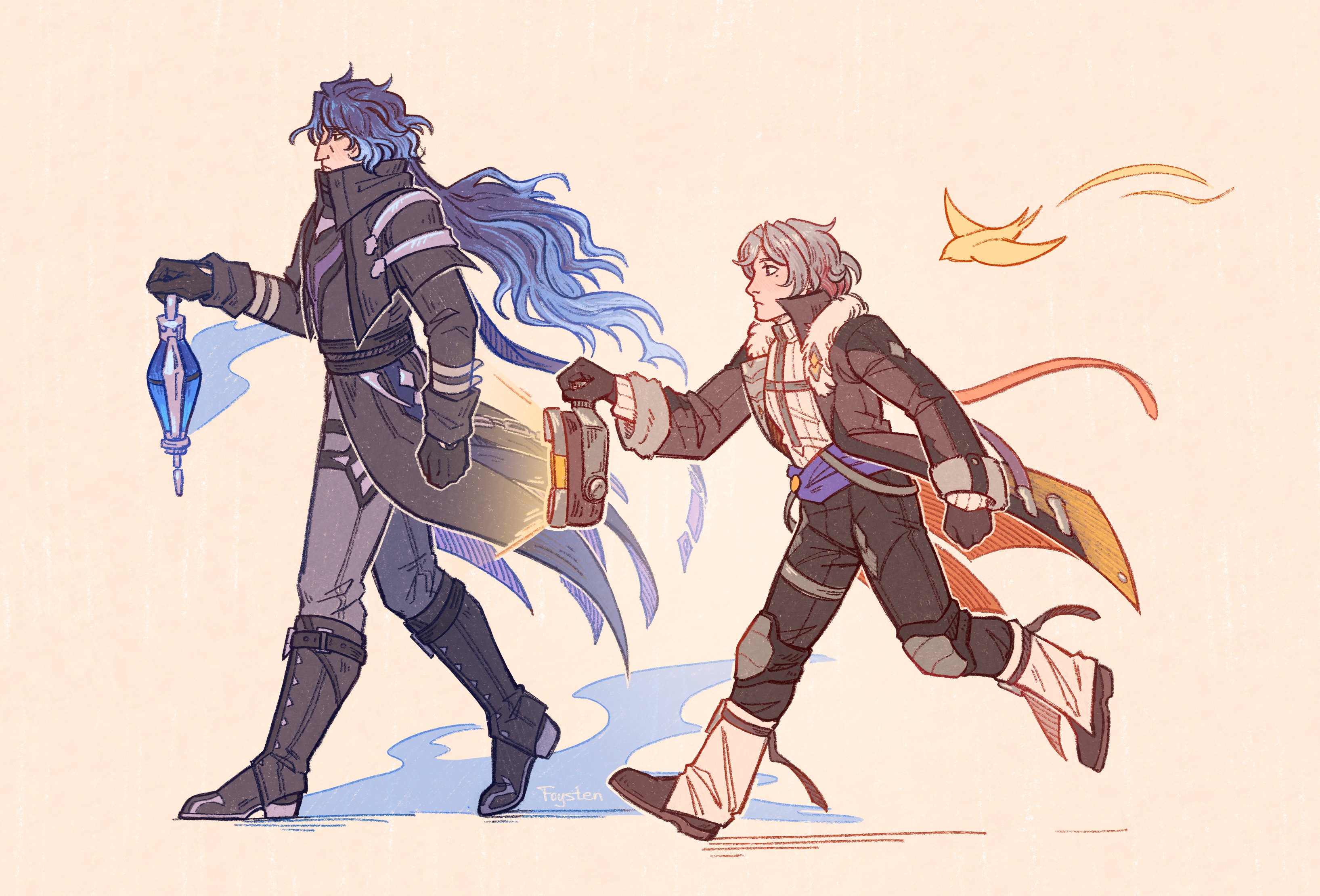 foysten, flins (genshin impact), genshin impact, absurdres, highres, 2boys, black coat, black gloves, boots, coat, from side, full body, fur collar, fur trim, gloves, grey hair, height difference, holding, holding lantern, illuga (genshin impact), lantern, long hair, male focus, multiple boys, shirt, short hair, turtleneck, white shirt