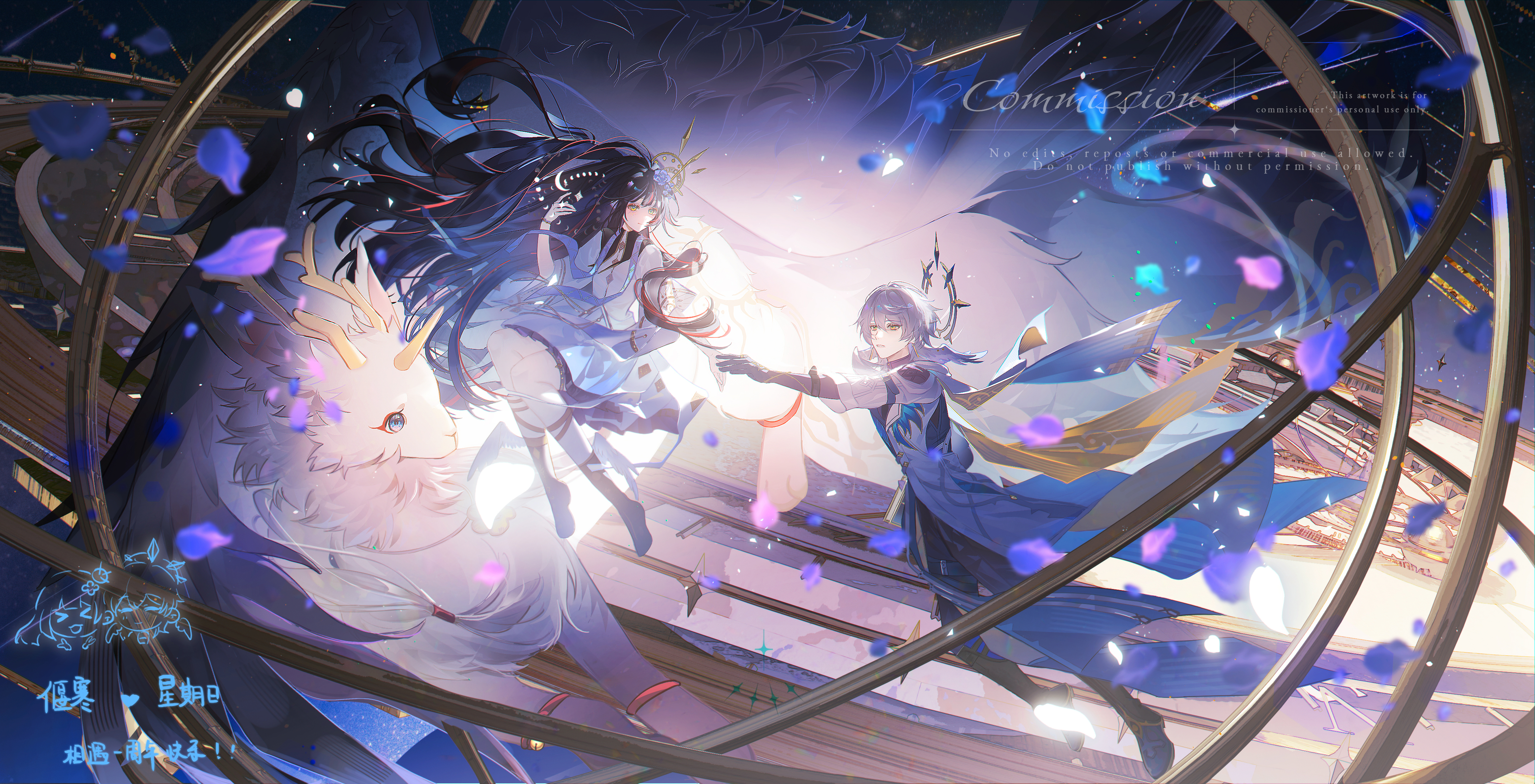 sunday (honkai: star rail), honkai: star rail, honkai (series), original, absurdres, commission, highres, armillary sphere, blue hair, boots, chinese text, dress, earrings, elbow gloves, falling petals, feathered wings, floating, floating hair, frills, full body, gloves, hair between eyes, hair ornament, hair ribbon, halo, halo behind head, head wings, jewelry, kneehighs, kui quan aoinu, looking at another, medium hair, moon, moon phases, oc x canon, outstretched arm, pants, parted lips, petals, purple petals, red ribbon, ribbon, sidelocks, socks, watermark, white gloves, white hair, white socks, white wings, wings, yellow eyes
