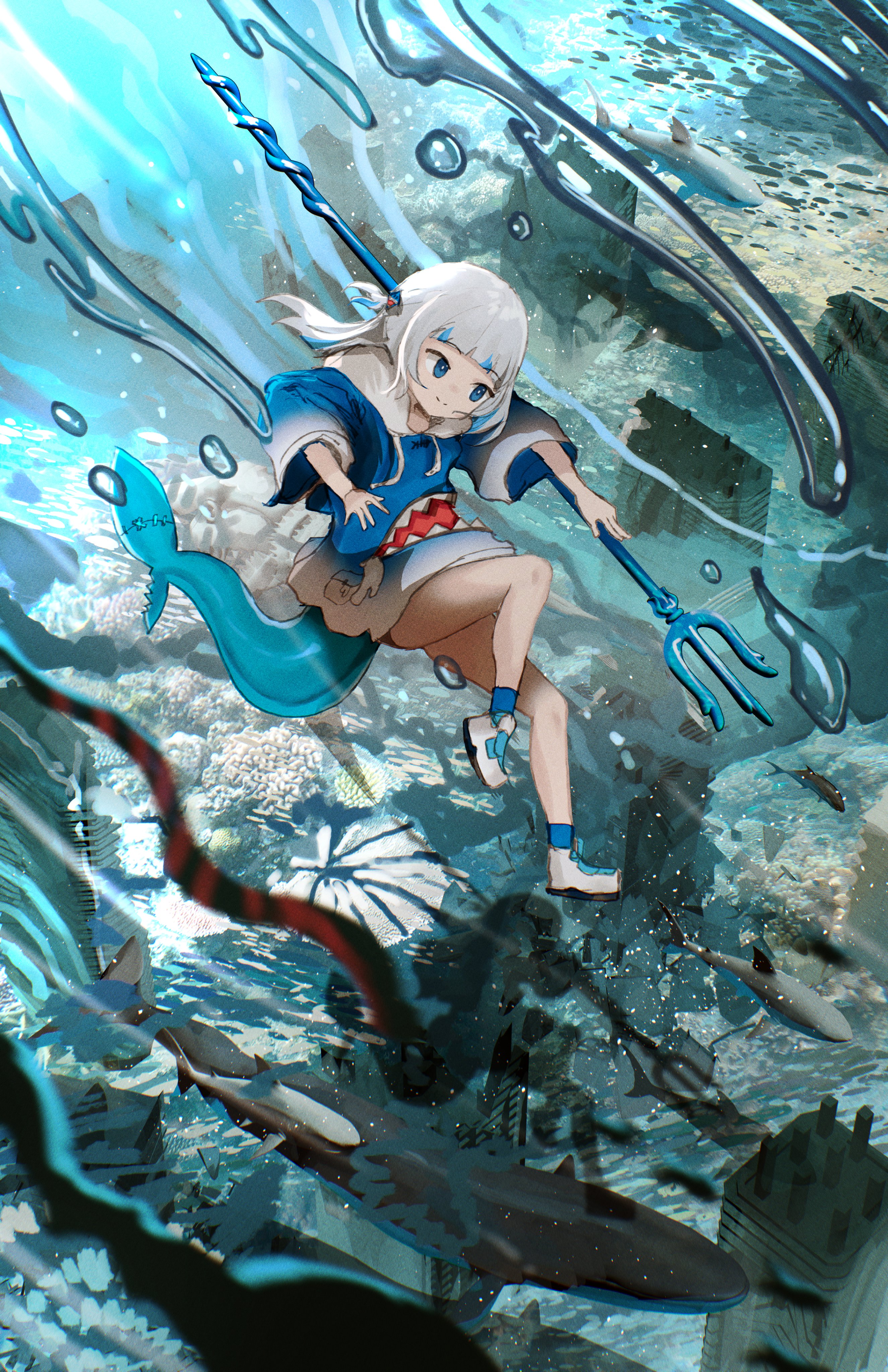 advarcher, gawr gura, gawr gura (1st costume), hololive, hololive english, absurdres, highres, 1girl, animal hood, blue hoodie, blue socks, blue streaks, fins, fish tail, grey hair, holding, holding polearm, holding weapon, hood, hoodie, looking at viewer, medium hair, polearm, shark girl, shark hood, shark tail, shoes, smile, socks, solo, tail, trident, two side up, virtual youtuber, water, weapon, white shoes