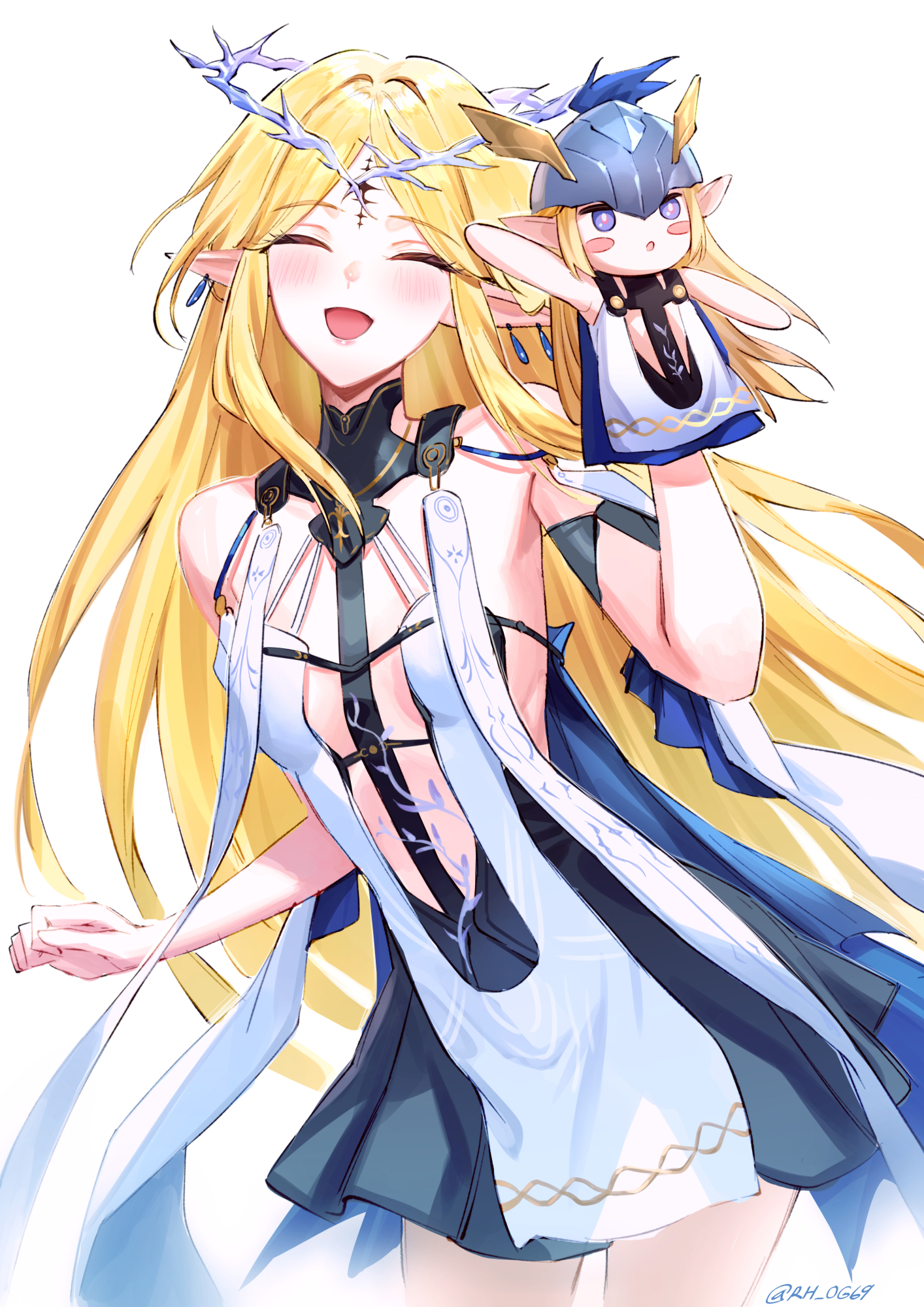 rh og69, cartethyia (wuthering waves), wuthering waves, commentary, english commentary, highres, 1girl, bare shoulders, black dress, blonde hair, blush, breasts, closed eyes, crown of thorns, dress, earrings, facing viewer, hand puppet, happy, jewelry, long hair, multiple earrings, open mouth, parted bangs, pointy ears, puppet, sidelocks, simple background, small breasts, smile, solo, tabard, tacet mark (wuthering waves), twitter username, very long hair, white background, white tabard