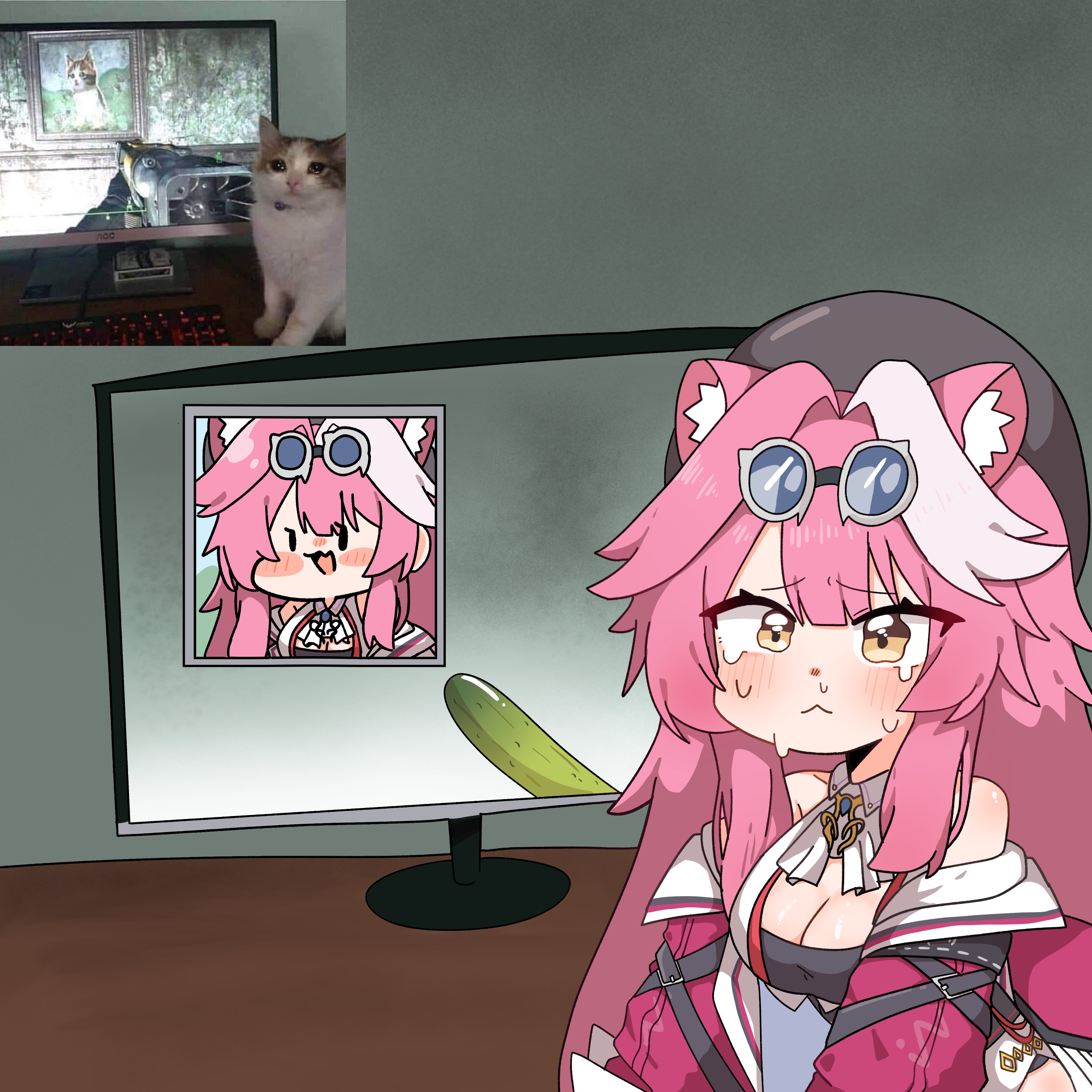 tsurukieeeeeak, raora panthera, raora panthera (1st costume), fallout, fallout 4, hololive, hololive english, absurdres, commentary, highres, photo-referenced, symbol-only commentary, 1girl, :<, animal ear fluff, animal ears, beret, black hat, black tube top, blush, breasts, crying, crying with eyes open, cucumber, goggles, goggles on head, hair intakes, hat, jacket, large breasts, long hair, looking at viewer, monitor, multicolored hair, off shoulder, open clothes, open jacket, painting (object), panther ears, panther girl, picture frame, pink hair, pink jacket, reference inset, runny nose, snot, strapless, streaked hair, tears, tube top, upper body, virtual youtuber, wavy eyes, white hair, yellow eyes