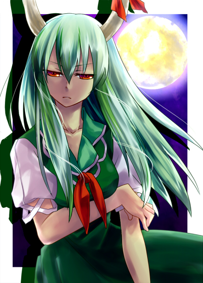 sayama yoshiki, ex-keine, kamishirasawa keine, touhou, bad id, bad pixiv id, 1girl, female focus, green hair, horns, kakusei shitauruchi, long hair, moon, red eyes, solo