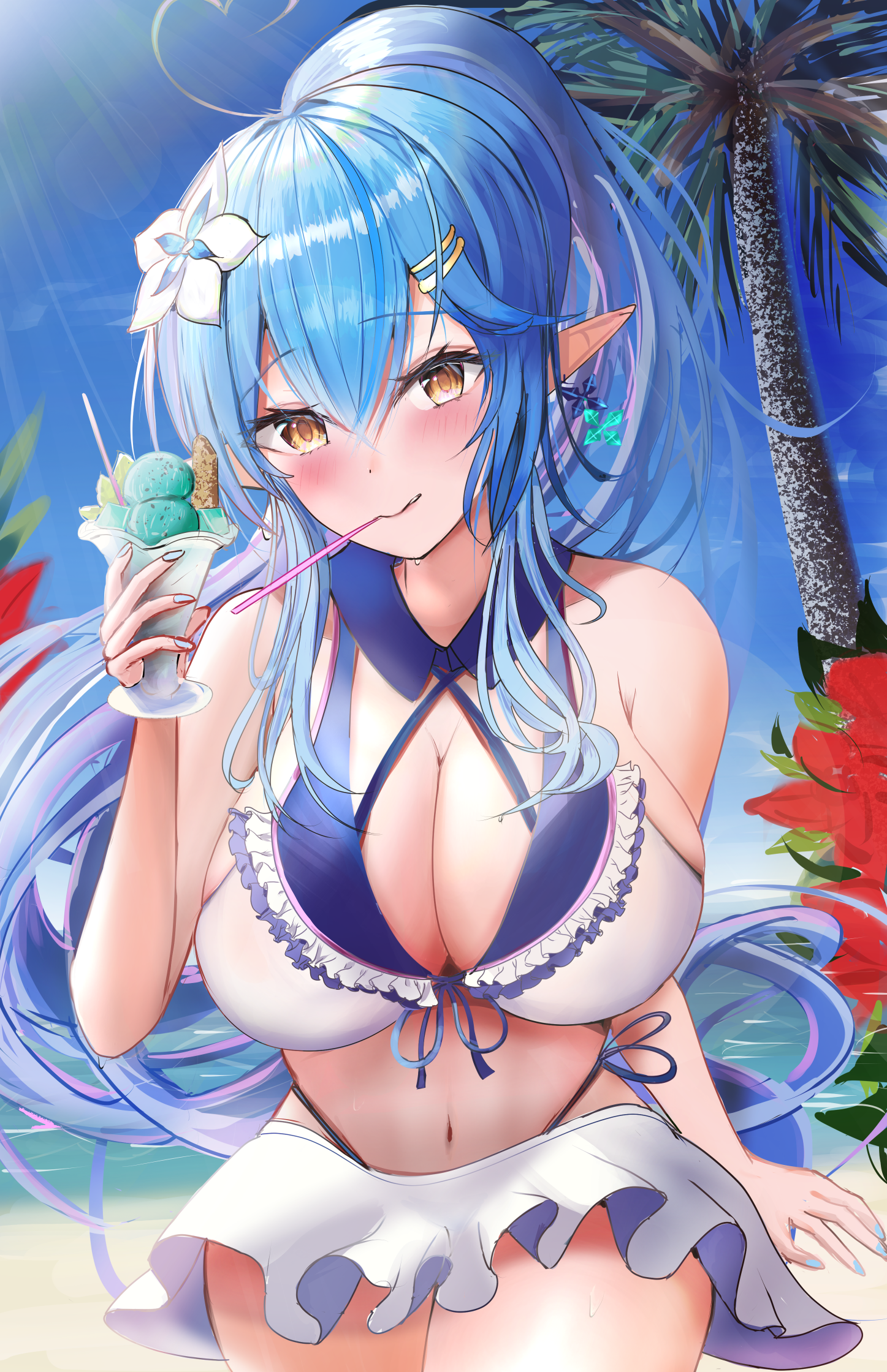 waniwani (wasabiwaniwani), yukihana lamy, hololive, commentary request, highres, 1girl, aqua nails, bare shoulders, beach, bikini, blue hair, blush, breasts, cleavage, closed mouth, collarbone, crossed bangs, cup, day, elf, flower, food, hair between eyes, hair flower, hair ornament, holding, ice cream, ice cream spoon, large breasts, long hair, looking at viewer, multicolored hair, navel, ocean, outdoors, pointy ears, red flower, solo, spoon, stomach, streaked hair, sunlight, swimsuit, upper body, utensil in mouth, v, very long hair, virtual youtuber, white bikini, yellow eyes
