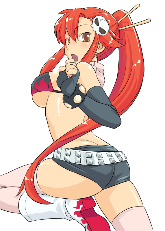 yoko littner, tengen toppa gurren lagann, 00s, 1girl, ass, bikini, bikini top only, blush, breasts, brown eyes, covered erect nipples, elbow gloves, female focus, fingerless gloves, gloves, long hair, looking back, micro shorts, ponytail, red hair, short shorts, shorts, simple background, skull, solo, swimsuit, thighhighs, underboob, very long hair, white background