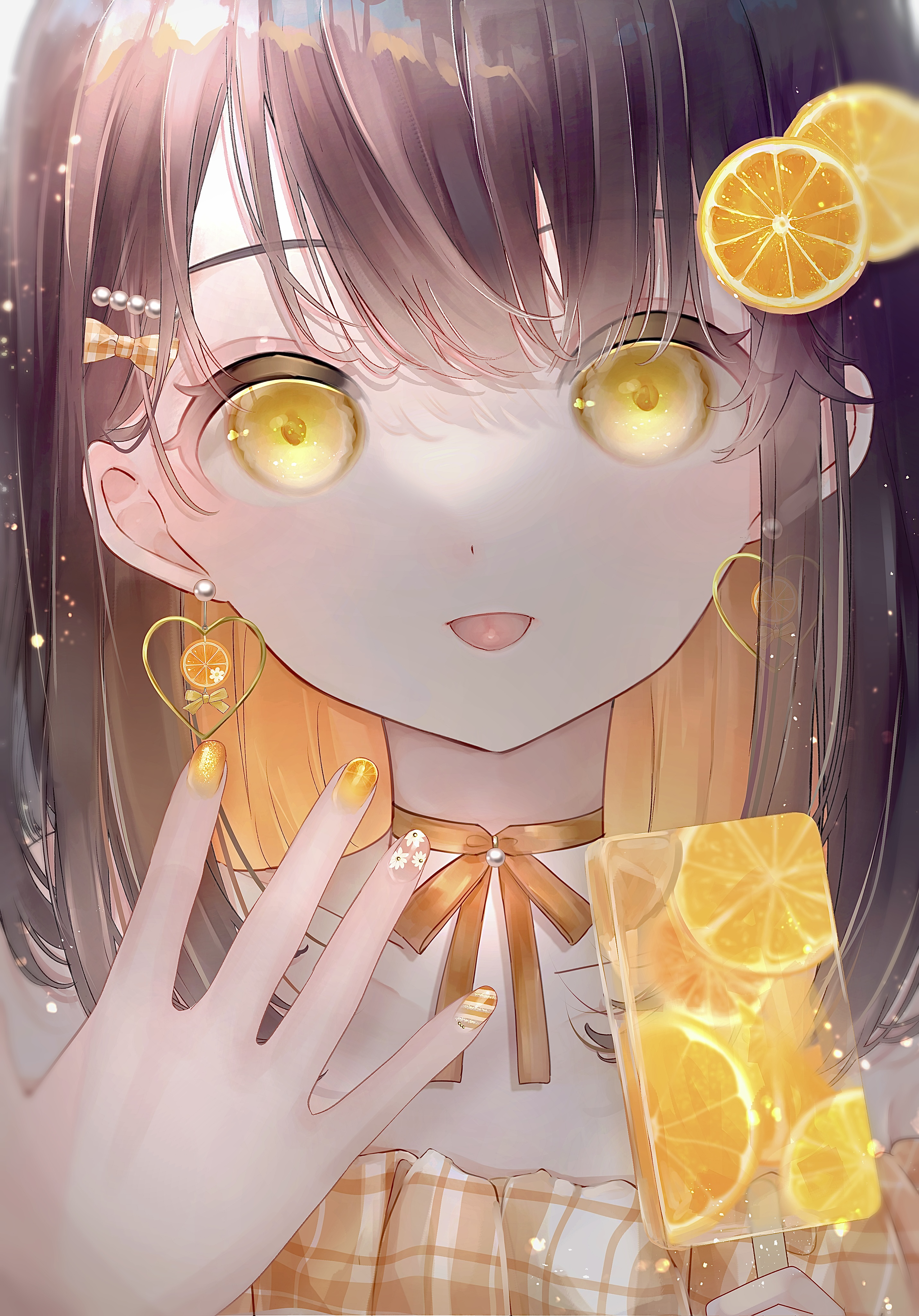 kiwi500g, original, absurdres, commentary request, highres, 1girl, bow, brown hair, choker, colored inner hair, earrings, food, food-themed hair ornament, fruit, fruit popsicle, hair bow, hair ornament, hairclip, hand up, heart, heart earrings, holding, holding food, holding popsicle, jewelry, long hair, looking at viewer, multicolored hair, nail polish, off shoulder, orange (fruit), orange hair, orange hair ornament, orange slice, pearl earrings, pearl hair ornament, popsicle, portrait, ribbon choker, solo, tongue, tongue out, yellow eyes