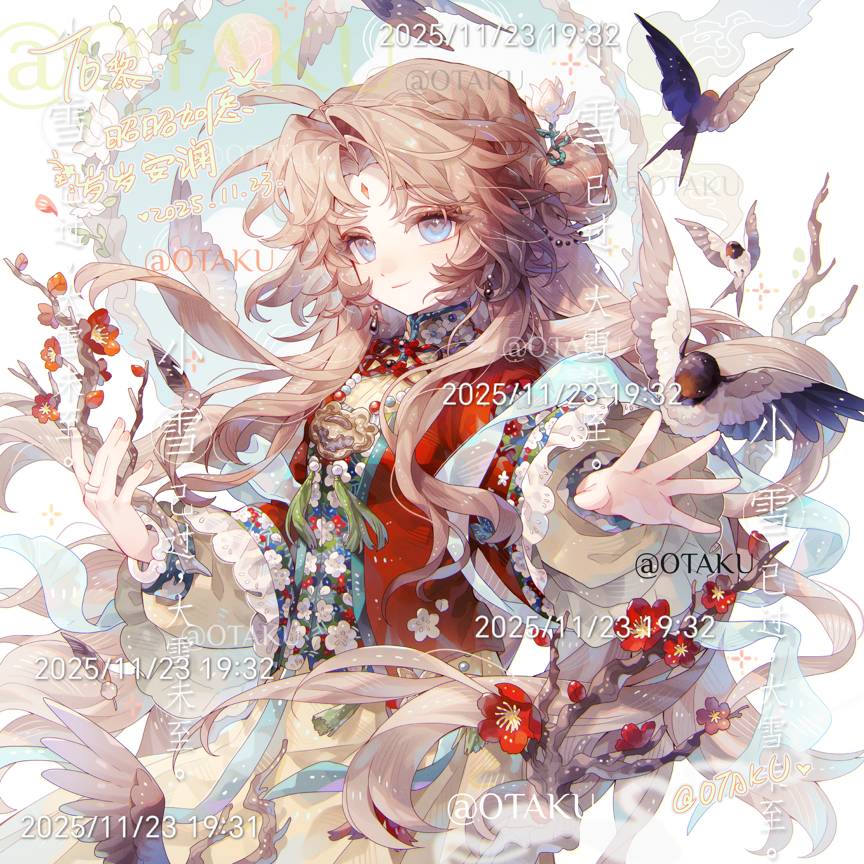 original, absurdres, highres, 1girl, ahoge, bead necklace, beads, bird, blue eyes, blue shawl, braid, branch, brown eyeshadow, brown hair, circle, closed mouth, dated, earrings, eyelashes, eyeshadow, facial mark, fingernails, flower, forehead mark, hair bun, hair ornament, hair stick, holding, holding branch, jewelry, long hair, long sleeves, looking at viewer, makeup, mandarin collar, necklace, parted bangs, red flower, ring, shawl, smile, solo, square, swallow (bird), tassel, too many watermarks, upper body, watermark, xingchunxiang